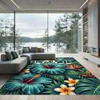 Turquoise Hibiscus Tropical Rainforest Foliage Rug