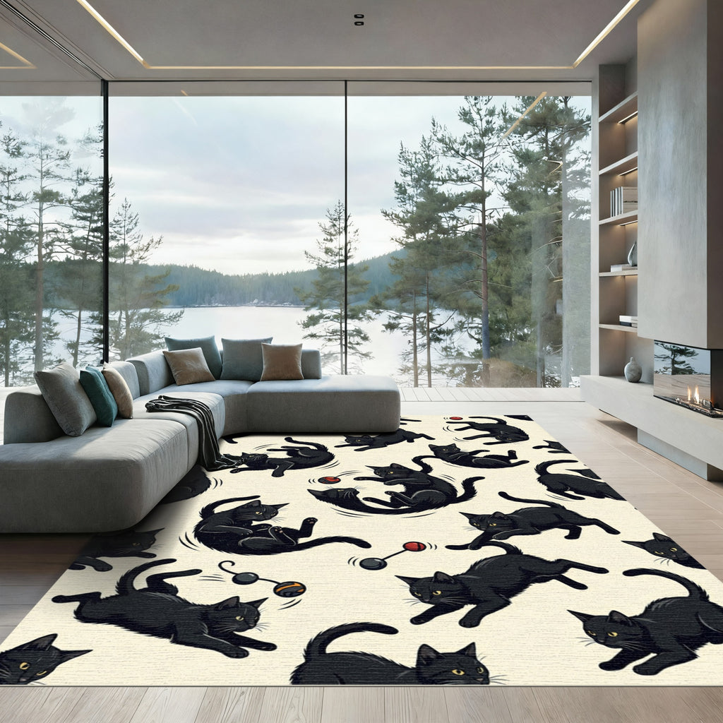 Playful Black Cat Cream Illustration Rug