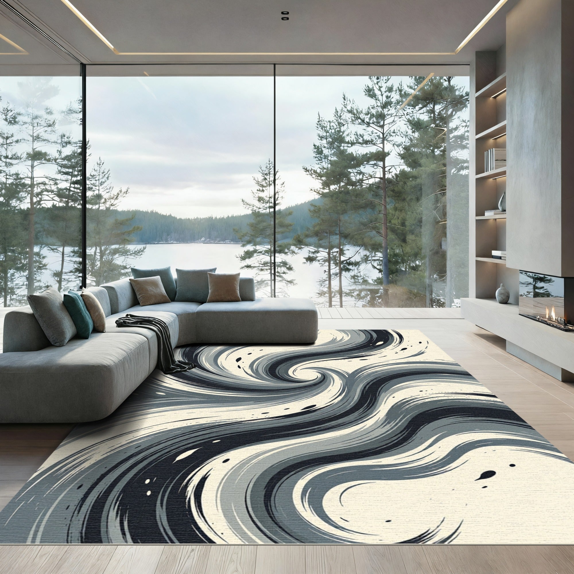 Modern Charcoal Gray Swirl Rug