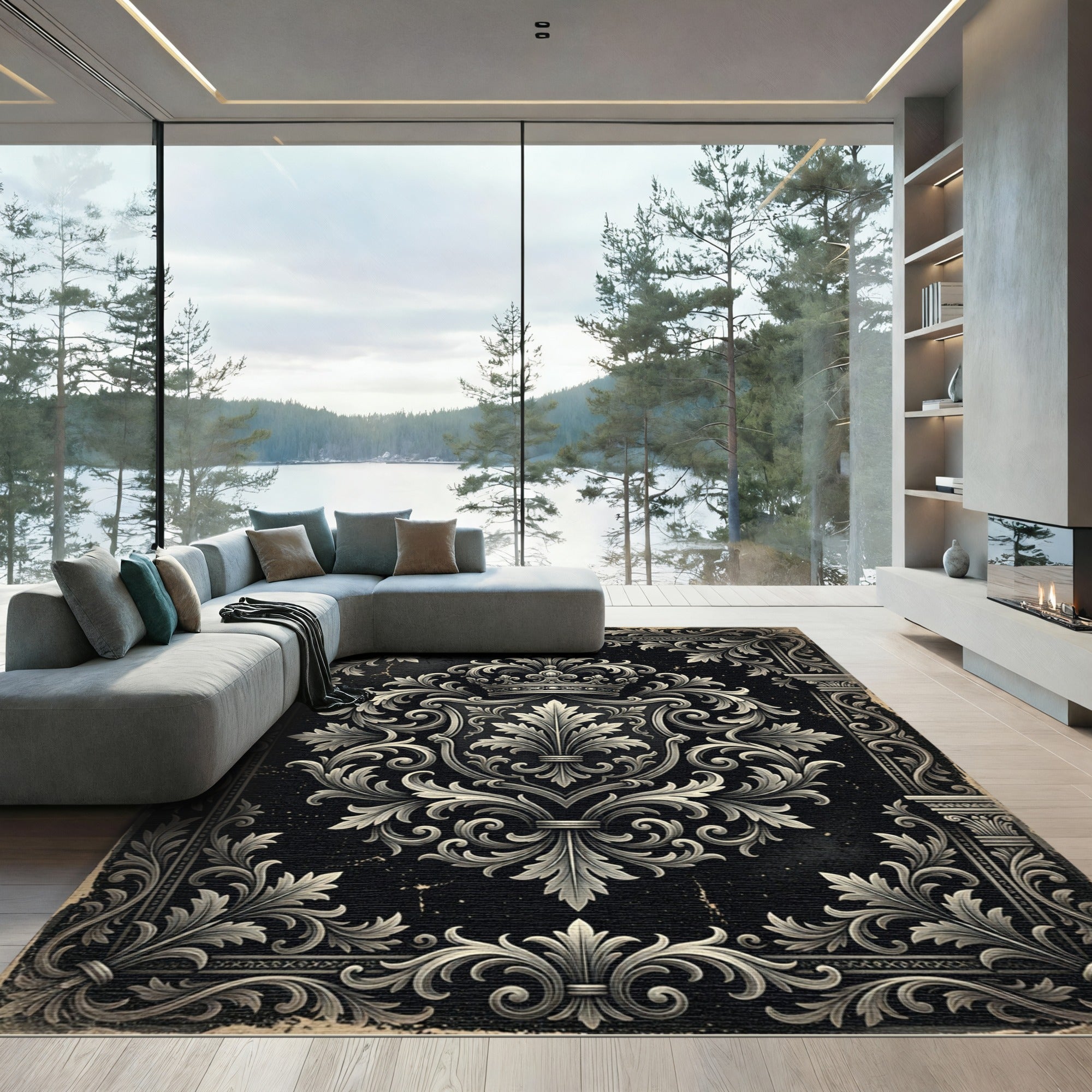 Ornate Black Scrollwork Crown Rug