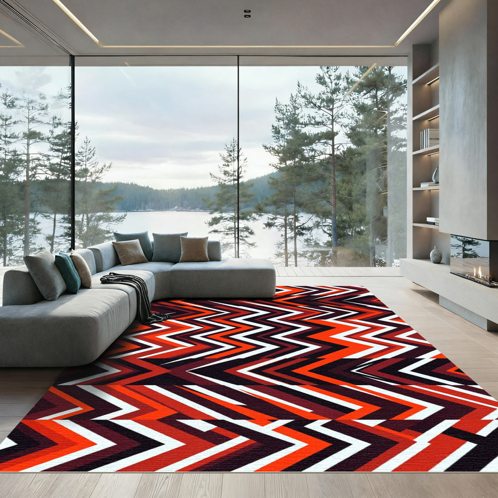 Fiery Red Chevron Geometric Stripes Rug