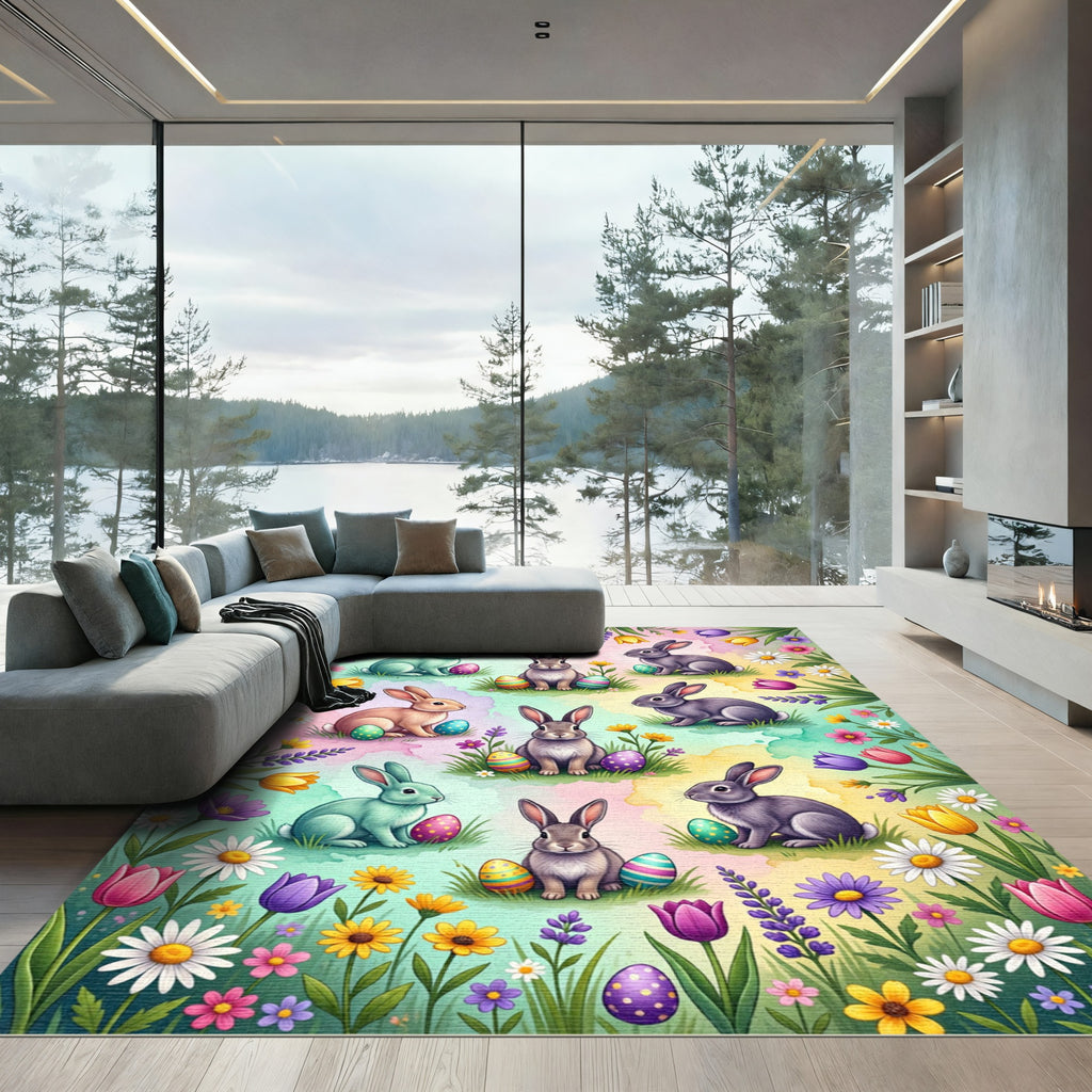 Whimsical Pastel Easter Bunny Meadow Rug