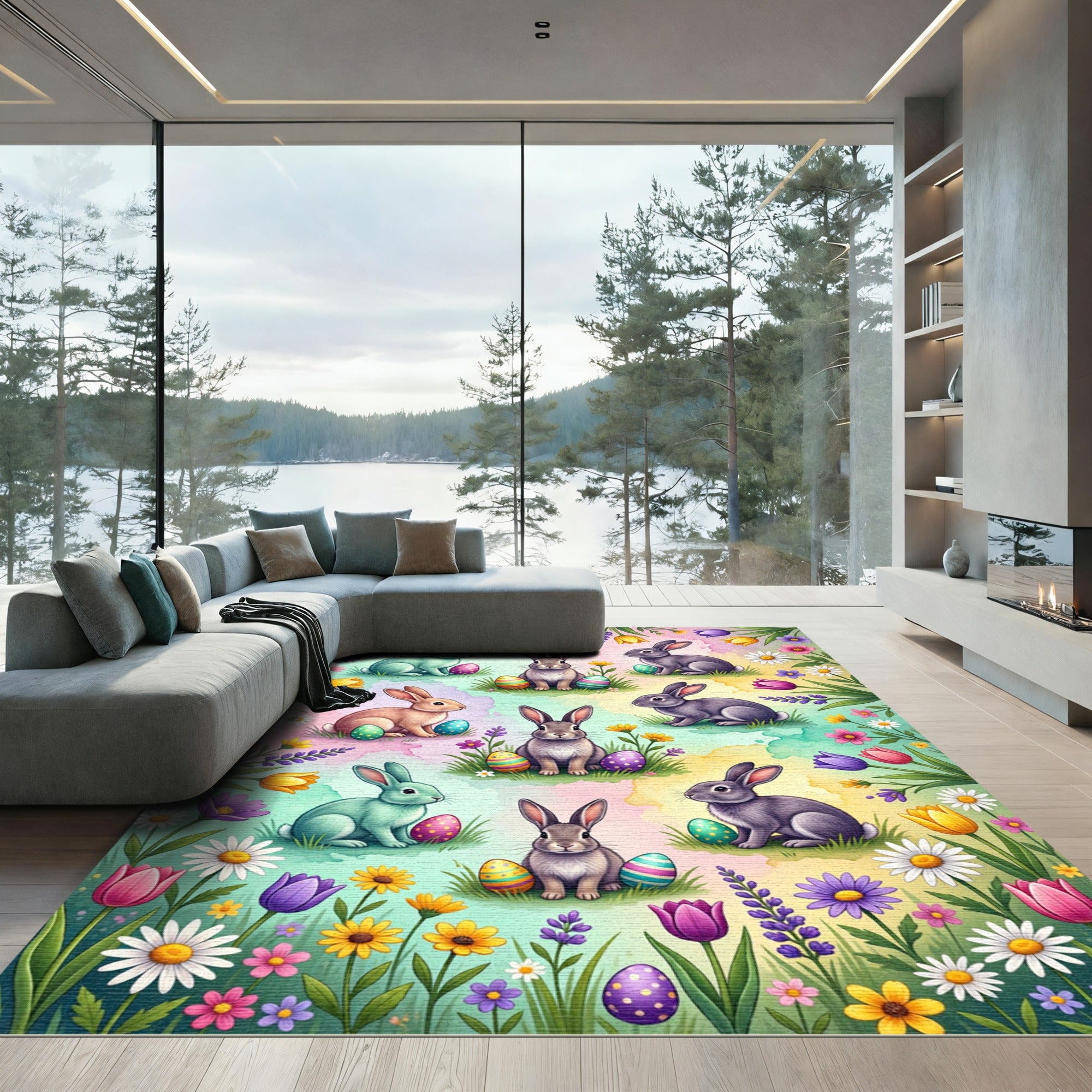 Whimsical Pastel Easter Bunny Meadow Rug