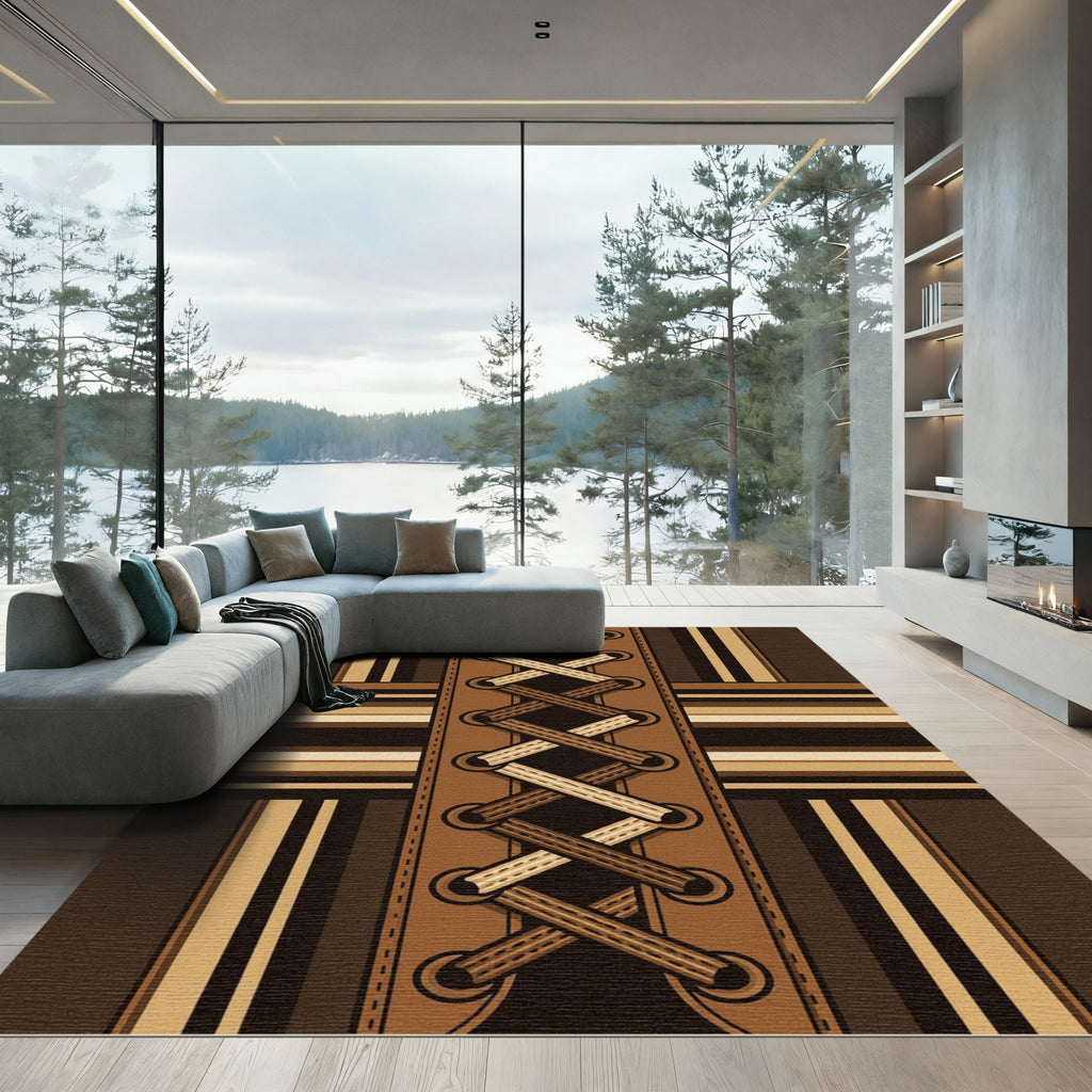 Brown Leather Lace Geometric Linear Grid Rug