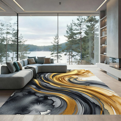 Abstract Liquid Gold and Charcoal Swirl Rug