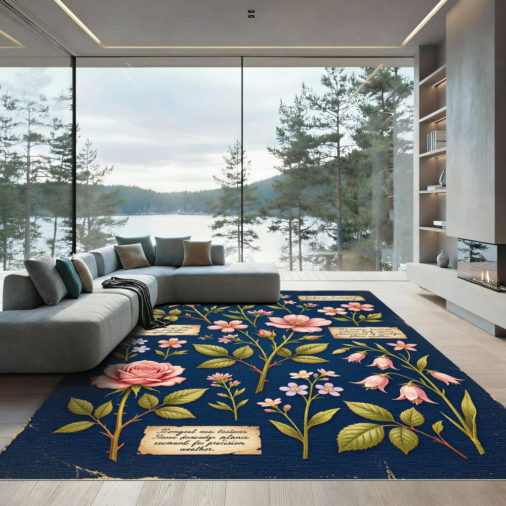 Botanical Pink Floral Navy Field Rug