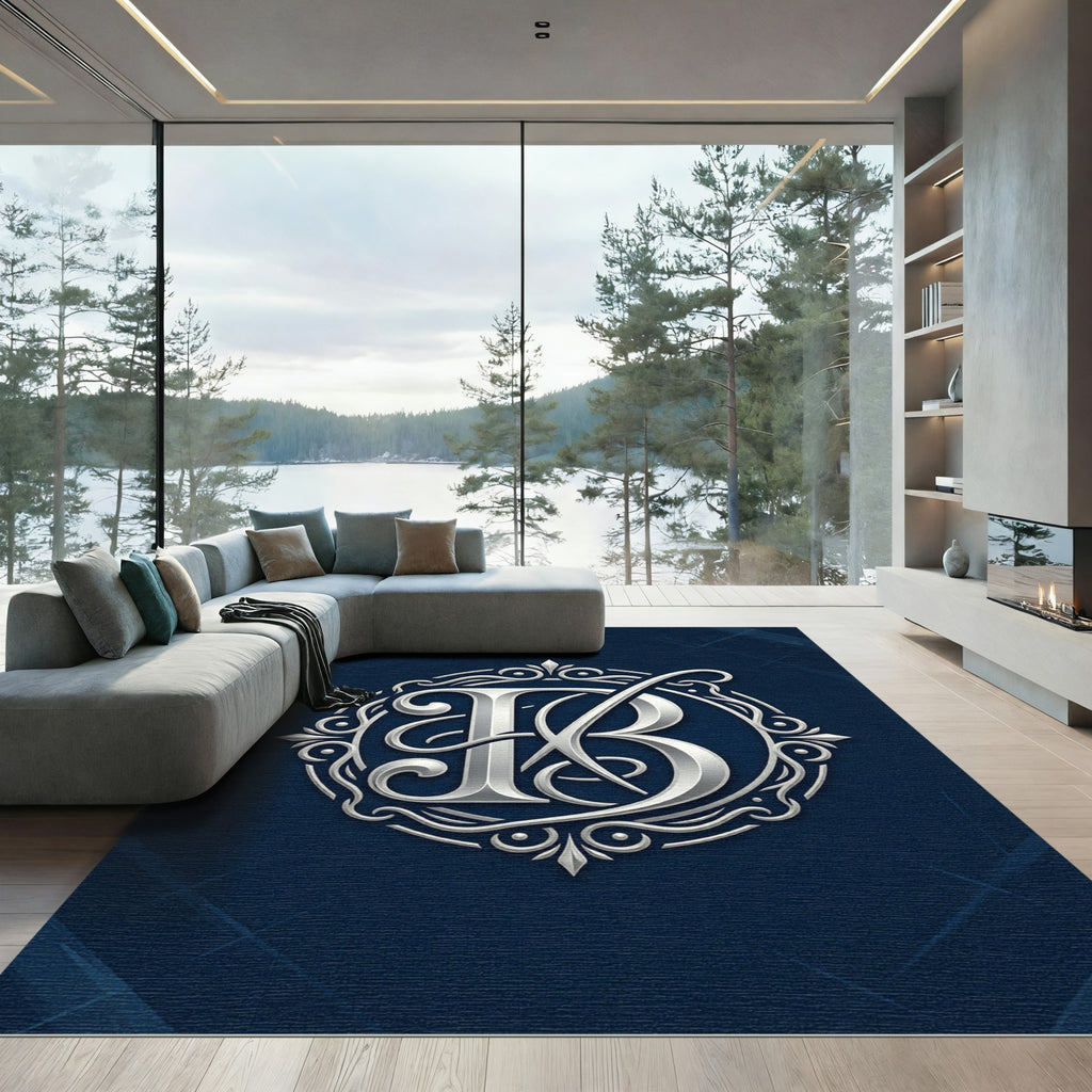 Elegant Silver Monogram Circular Emblem Rug