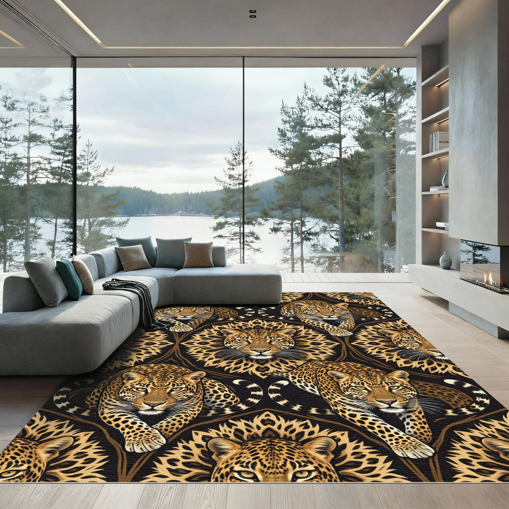 Majestic Golden Leopard Head Black Tapestry Rug