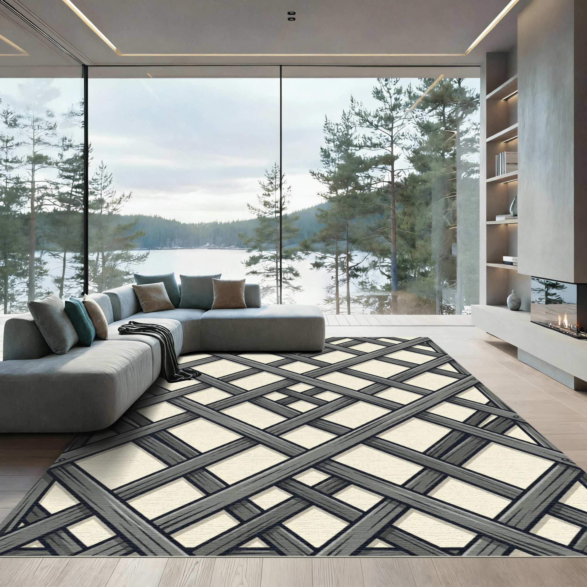 Rustic Gray Wood Lattice Diagonal Rug