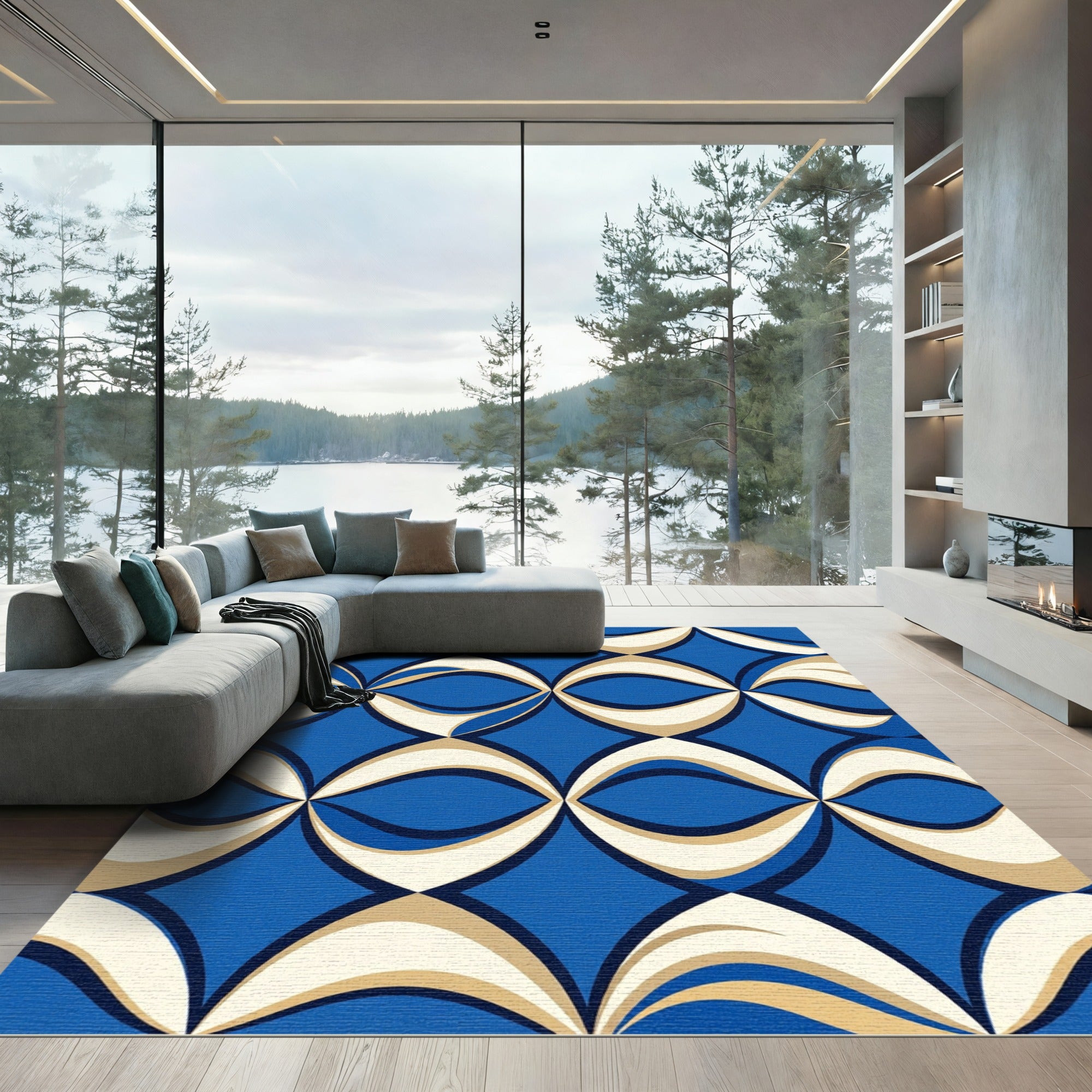 Geometric Mid-Century Blue Cream Wave Rug