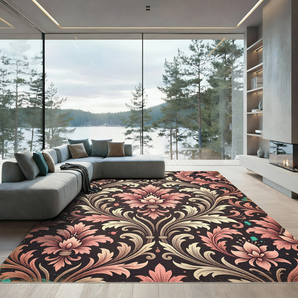 Vintage Pink Floral Damask Scroll Rug