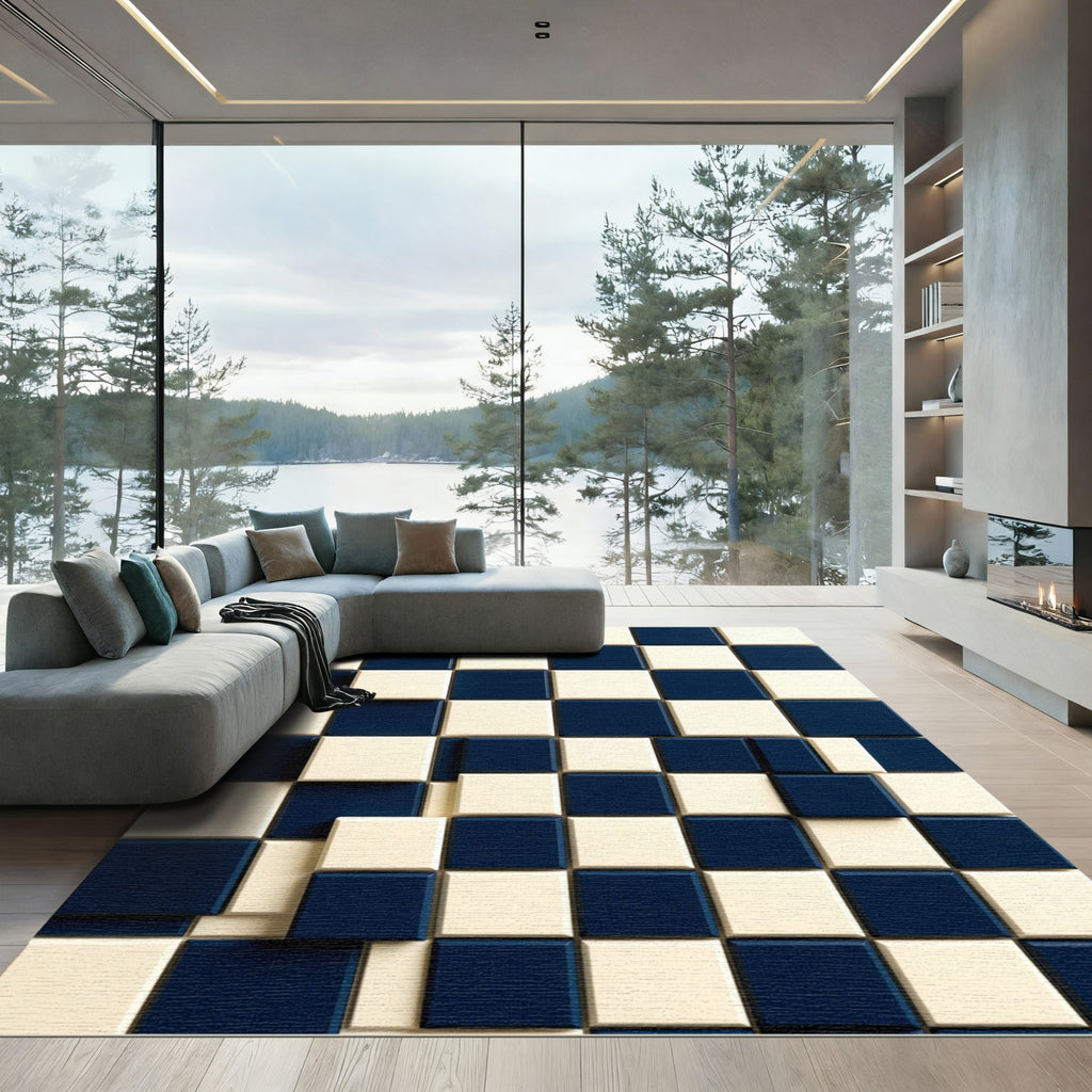 Modern Navy and White Geometric Grid Rug