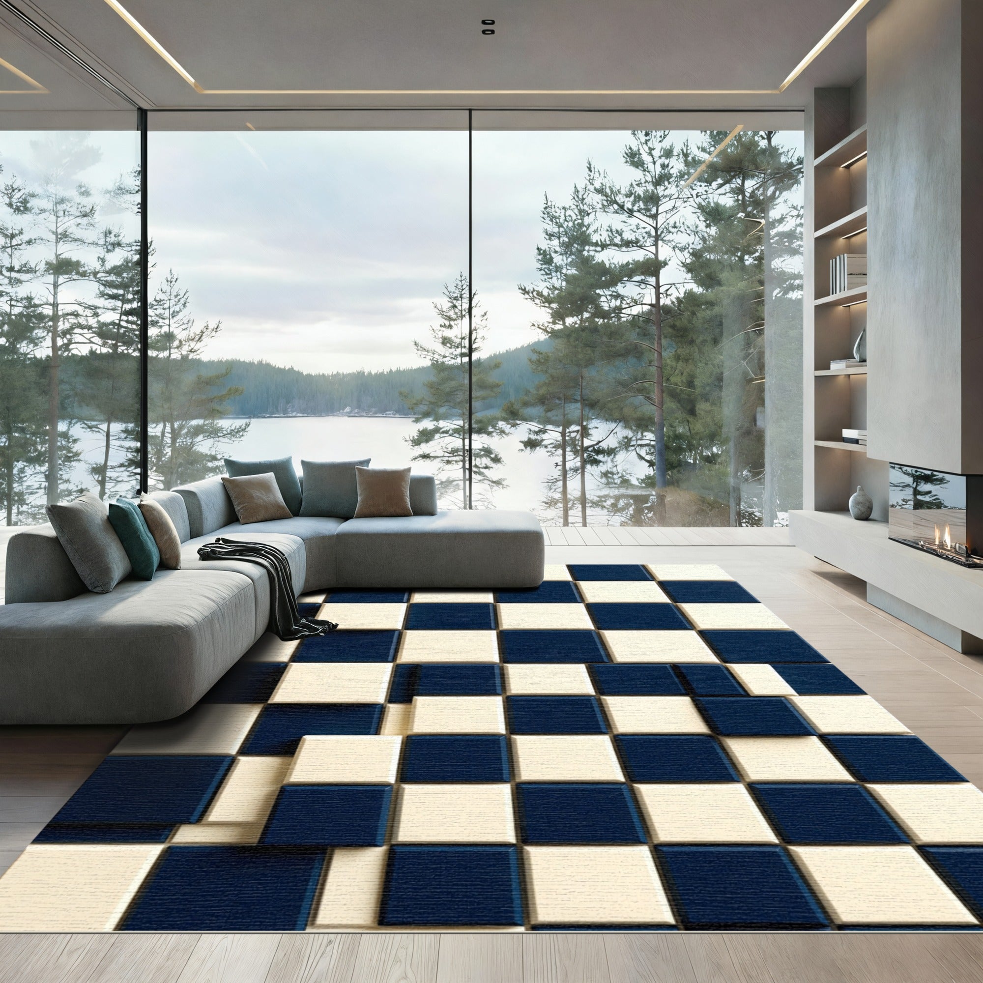 Modern Navy and White Geometric Grid Rug