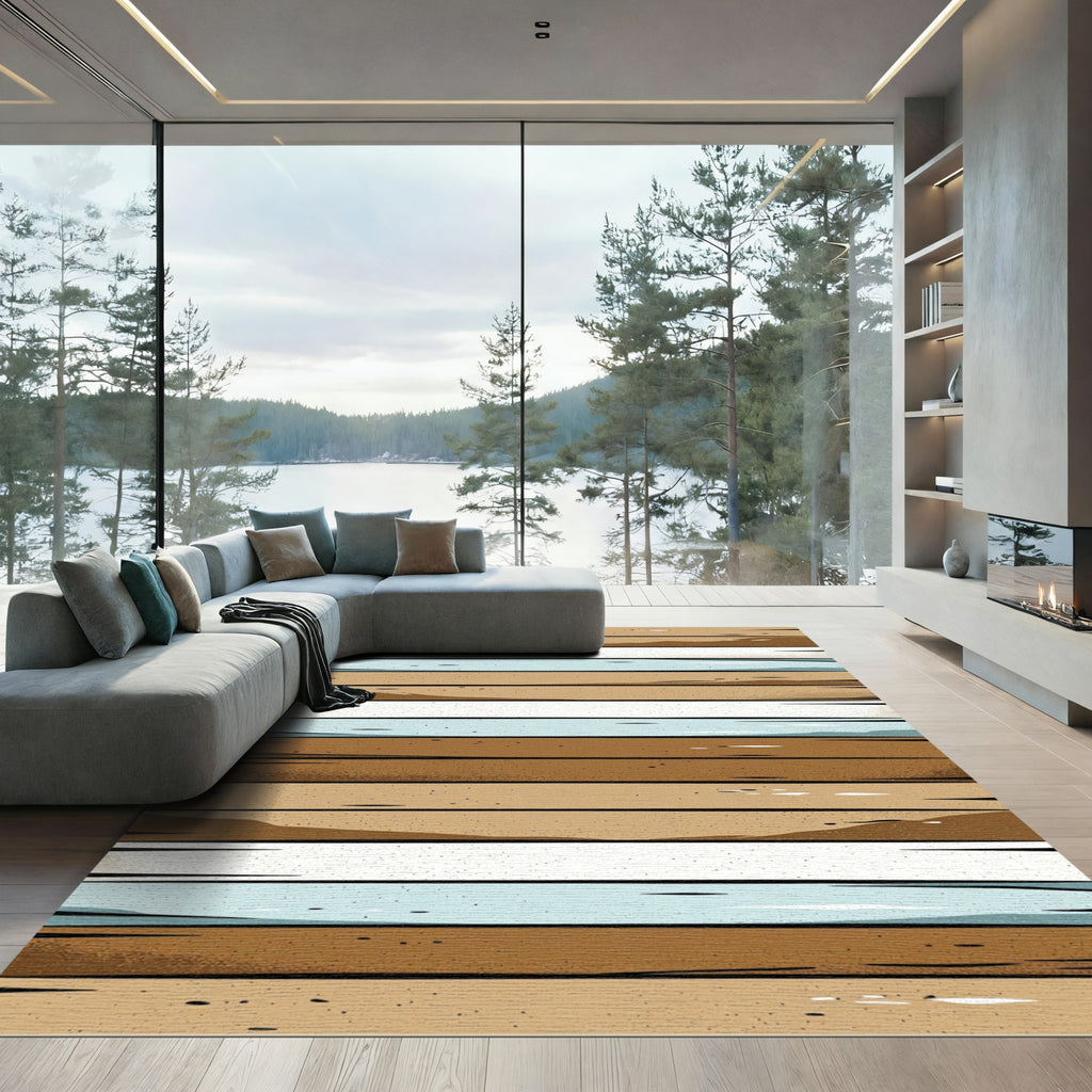 Rustic Brown White Blue Wood Grain Rug