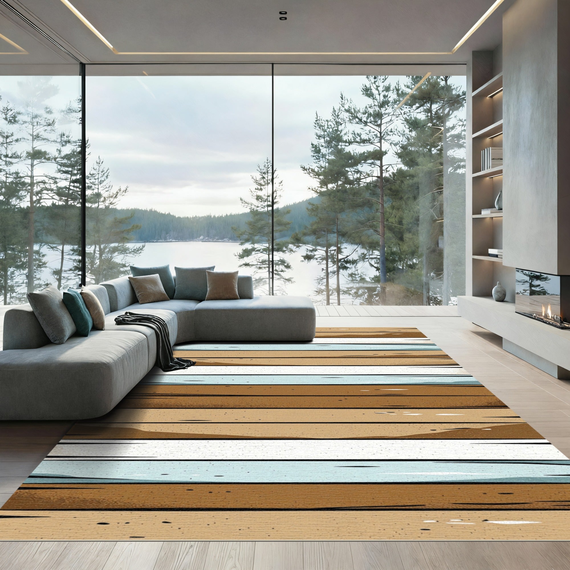 Rustic Brown White Blue Wood Grain Rug