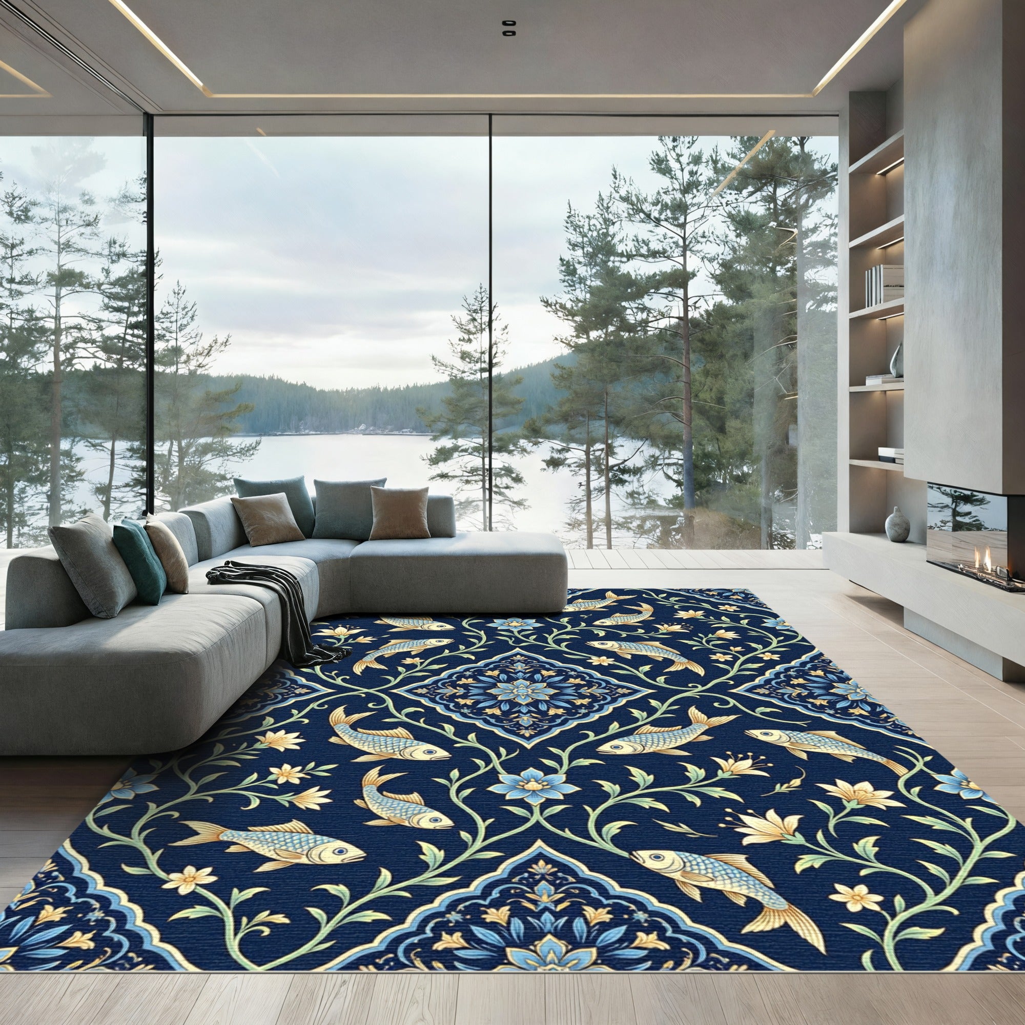 Aquatic Blue Floral Fish Medallion Rug