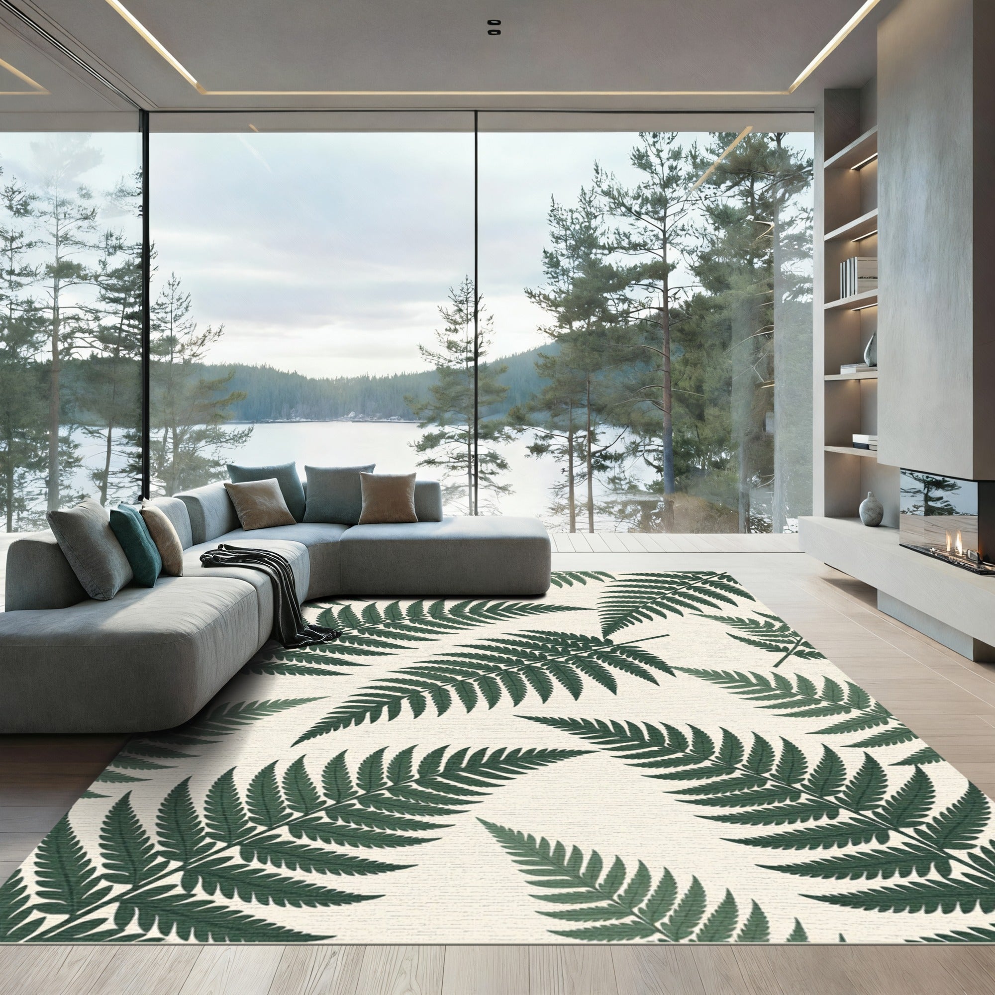 Deep Forest Green Fern Frond Pattern Rug