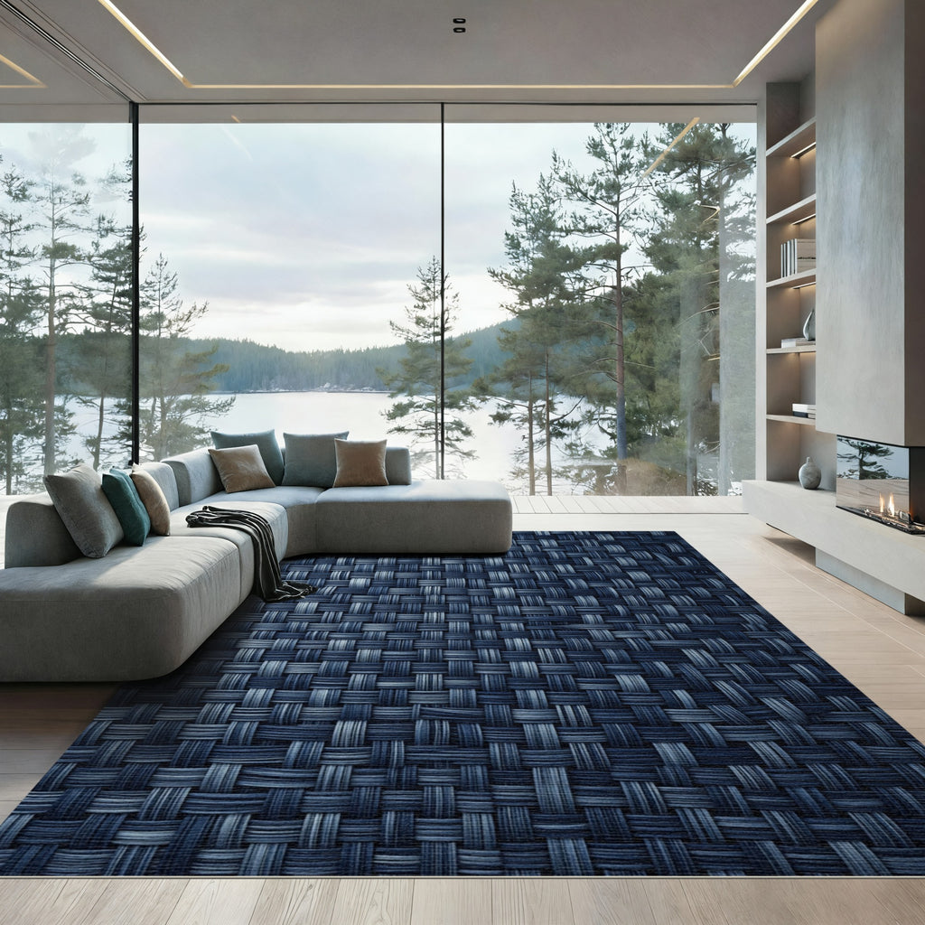 Textured Midnight Blue Woven Grid Rug