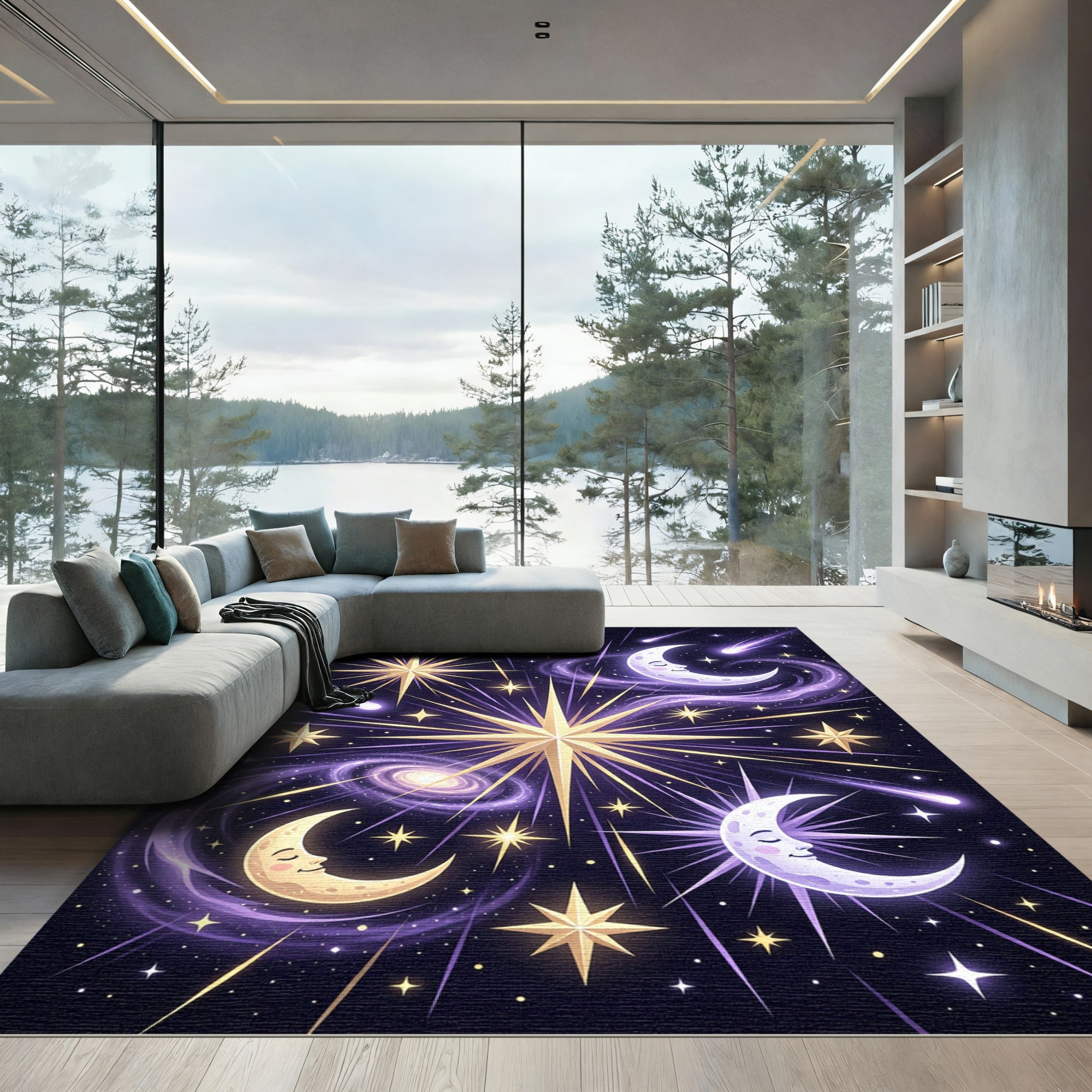 Celestial Moon and Starry Galaxy Rug