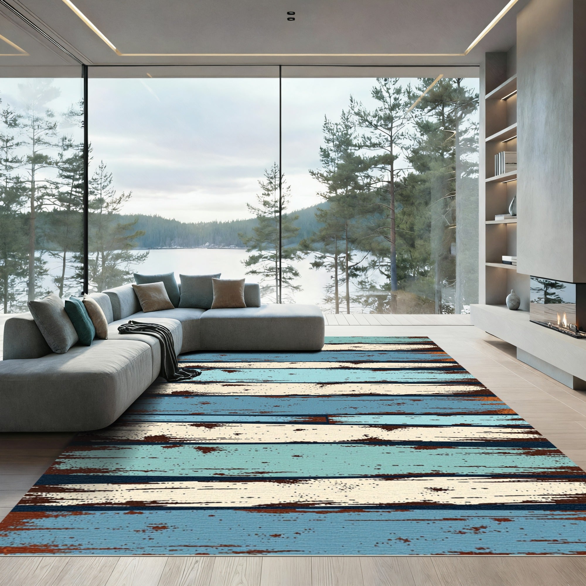 Distressed Blue and Cream Plank Stripe Rug