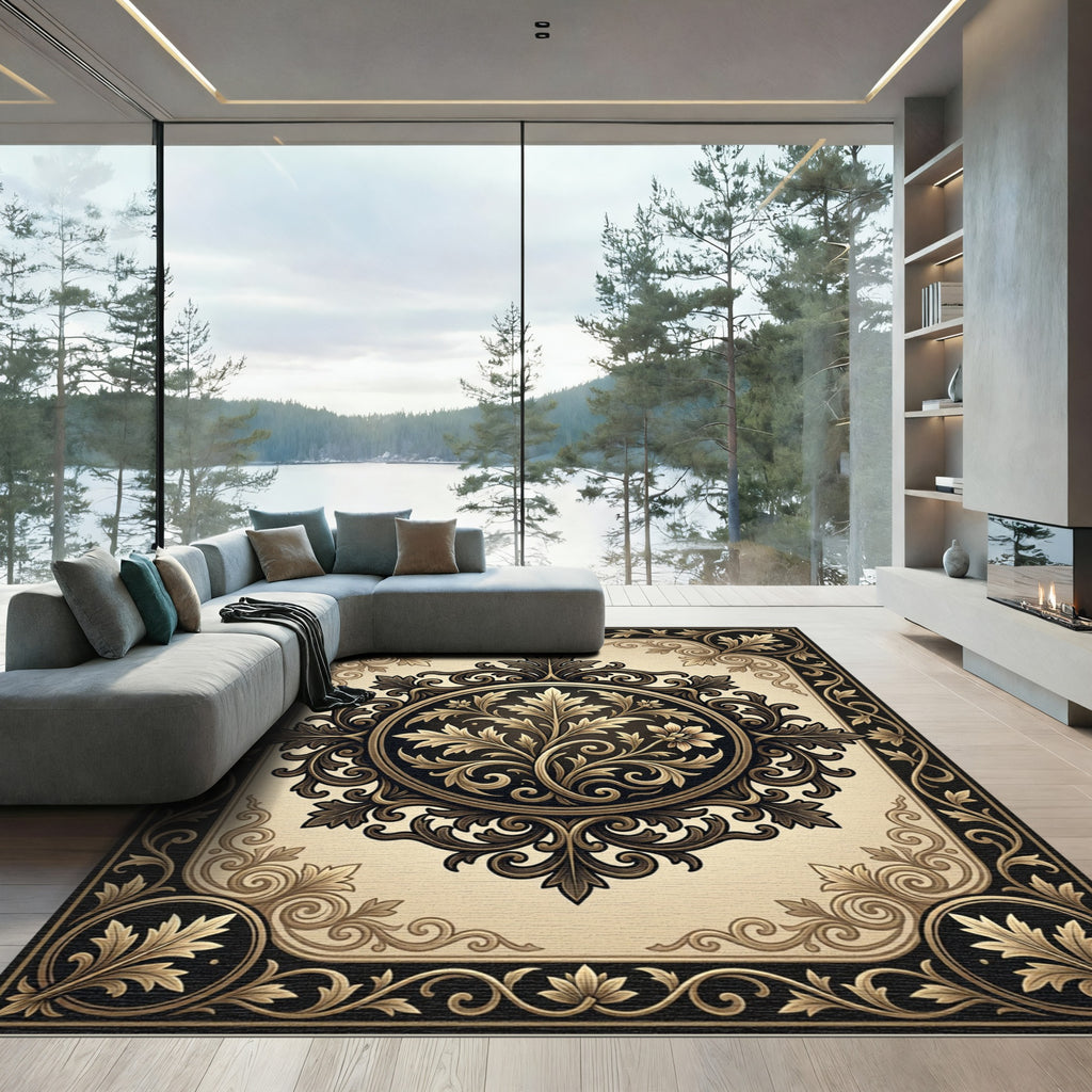Elegant Black and Gold Acanthus Medallion Rug