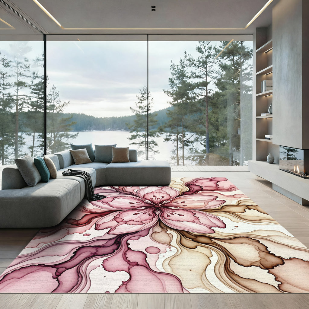 Ethereal Pink Cherry Blossom Ink Flow Rug