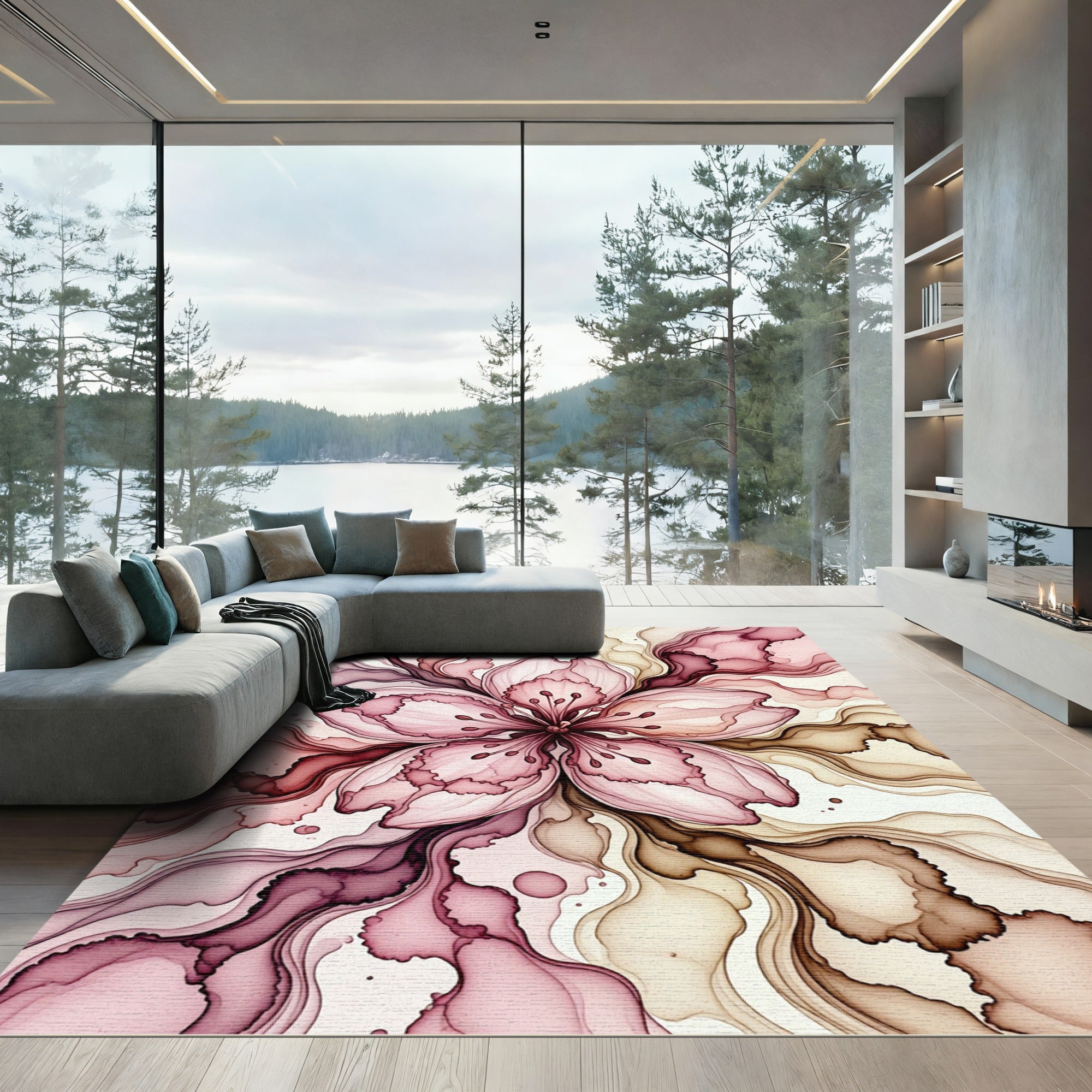 Ethereal Pink Cherry Blossom Ink Flow Rug