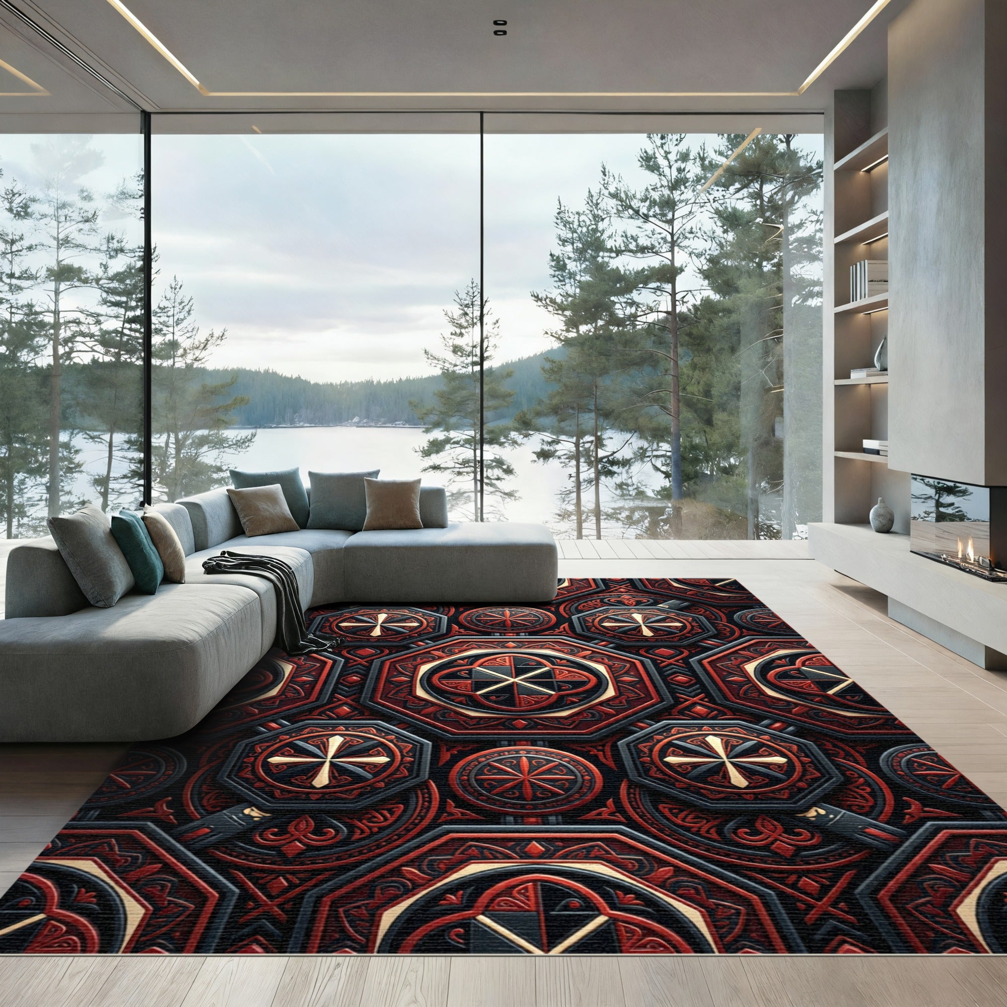 Gothic Crimson Octagon Geometric Medallion Rug