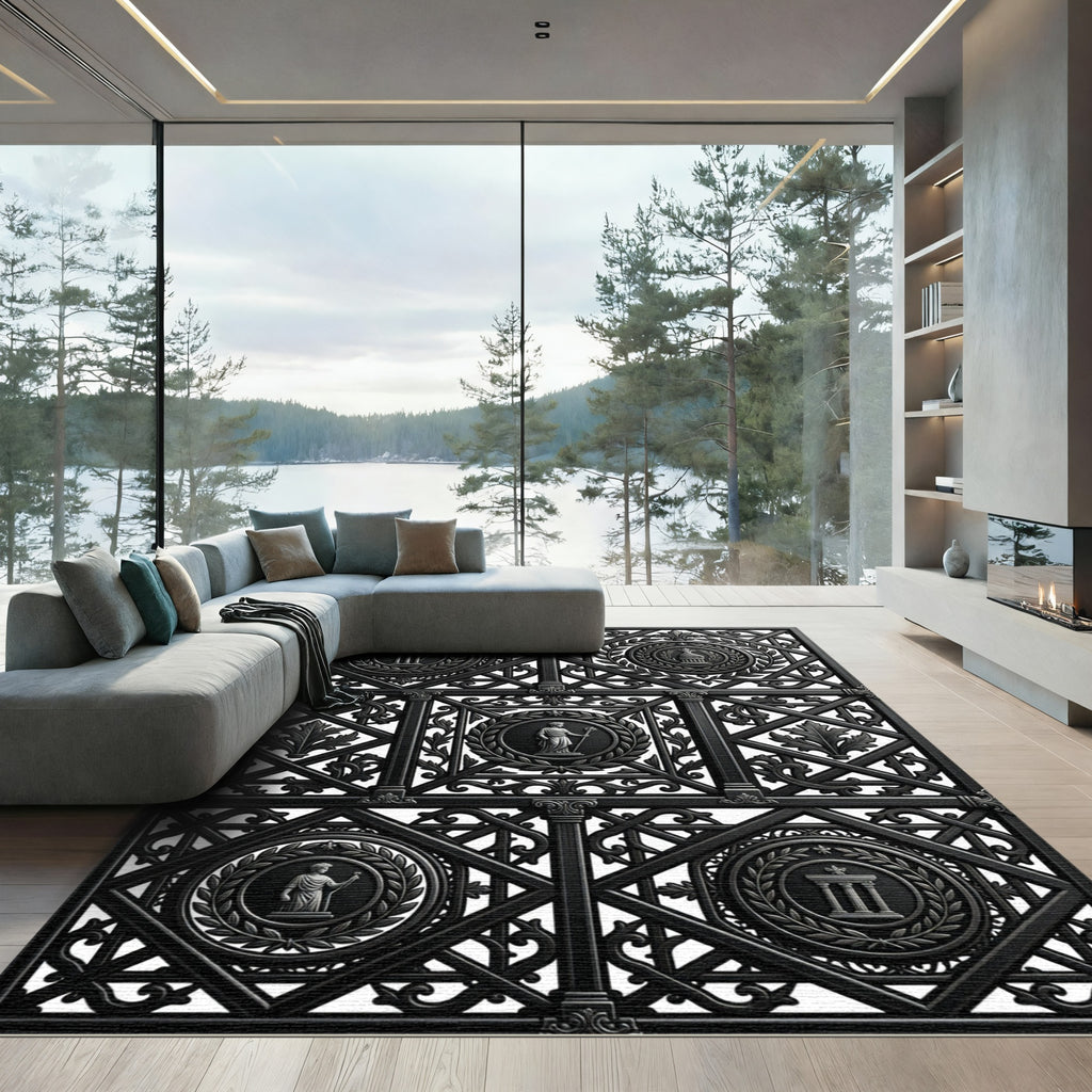 Ornate Black Classical Medallion Wreath Rug