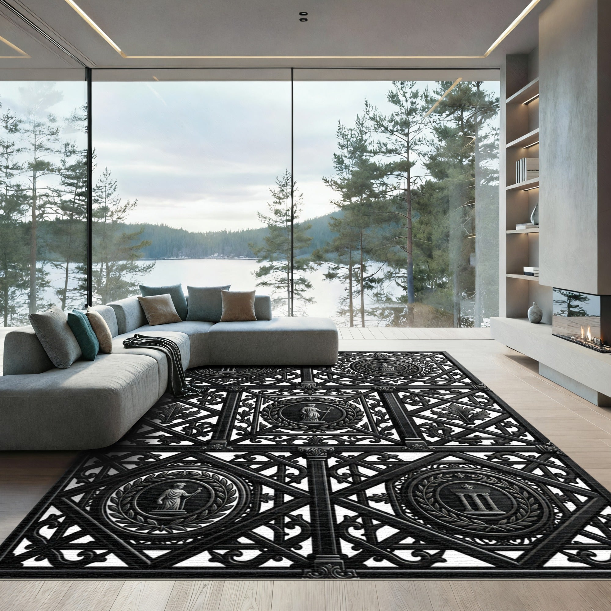 Ornate Black Classical Medallion Wreath Rug