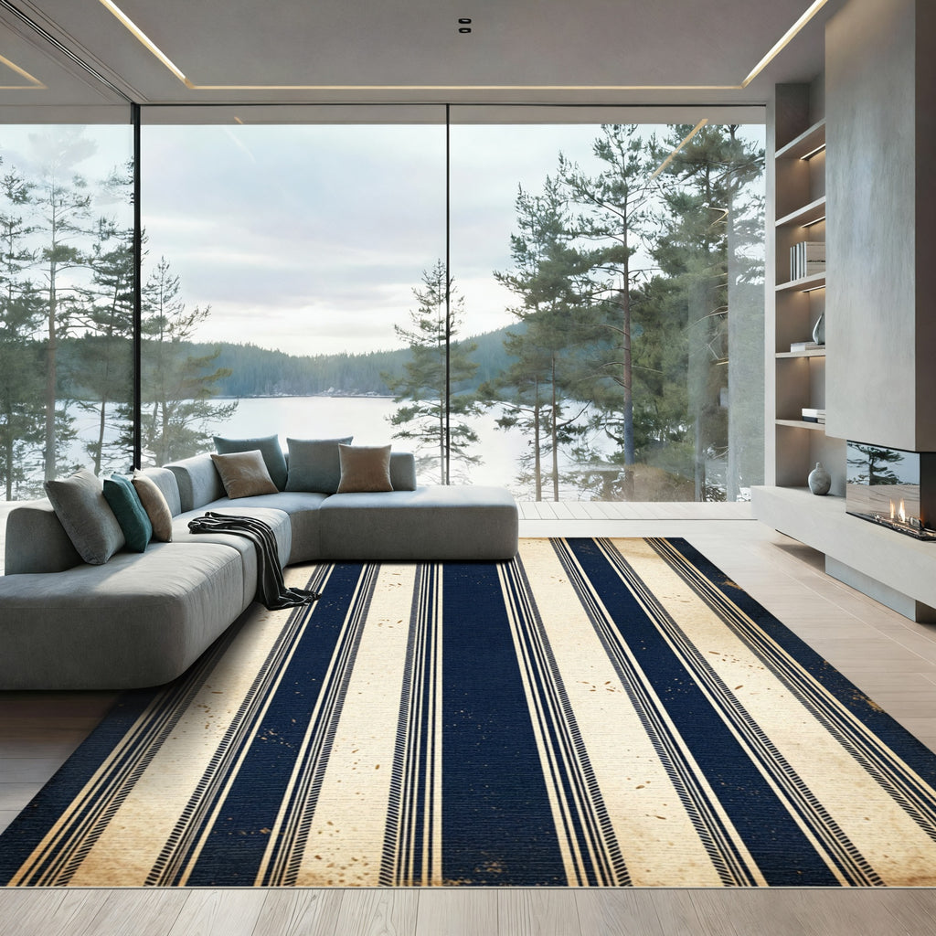Vintage Navy and Cream Pinstriped Rug