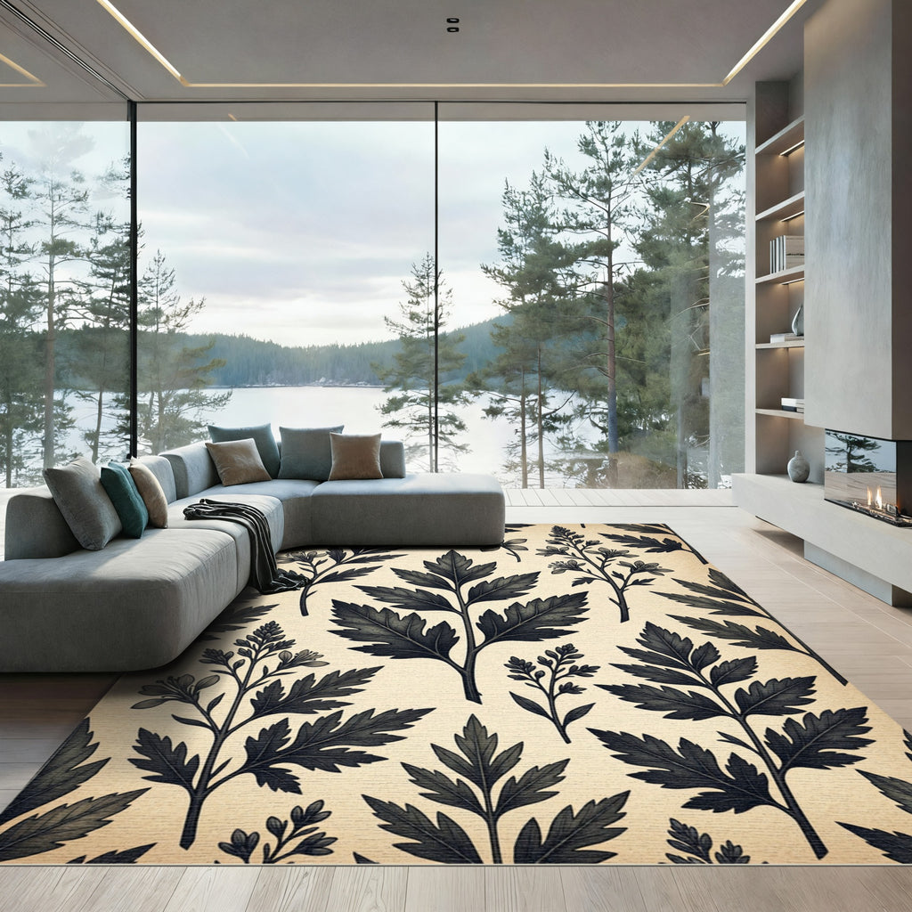 Monochromatic Botanical Charcoal Fern Foliage Rug