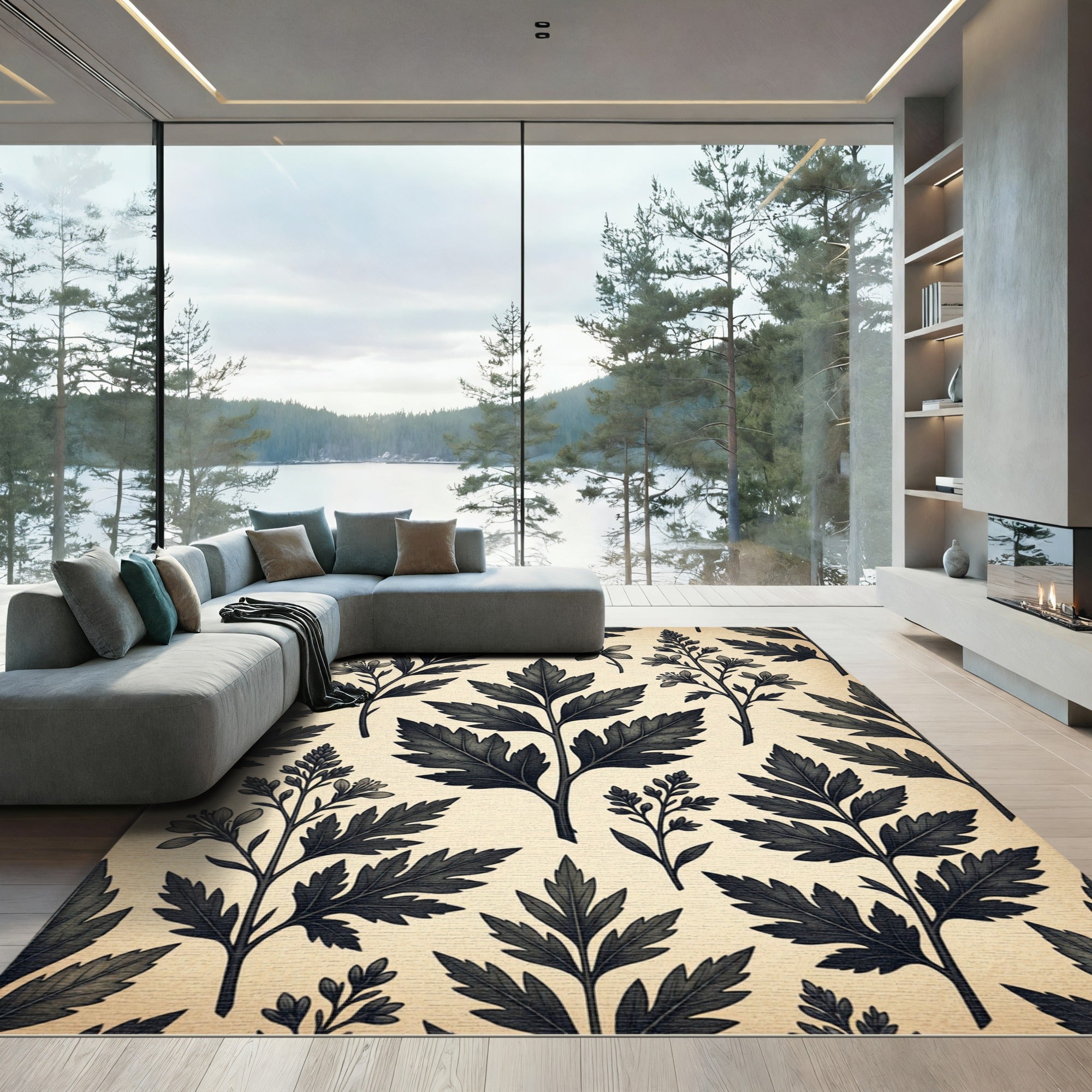 Monochromatic Botanical Charcoal Fern Foliage Rug