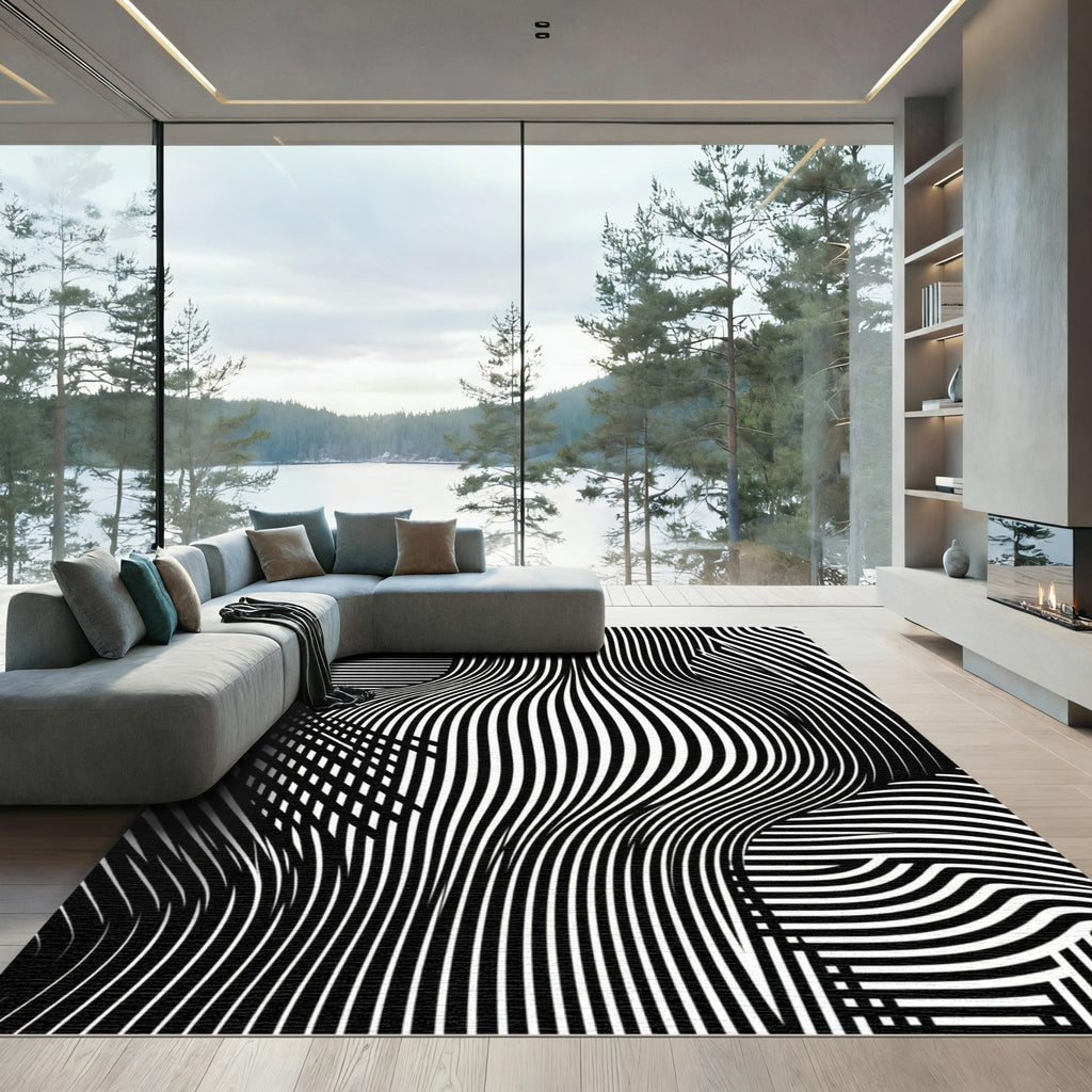 Monochrome Optical Linear Wavy Abstract Rug