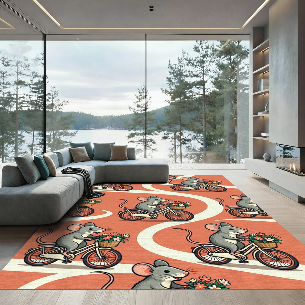 Whimsical Coral Cyclist Mouse Floral Art Rug