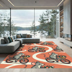 Whimsical Coral Cyclist Mouse Floral Art Rug