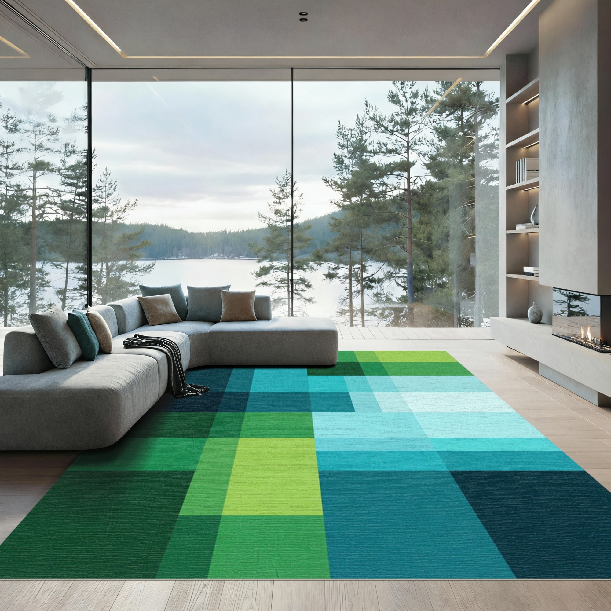 Deep Blue Green Teal Geometric Blocks Rug