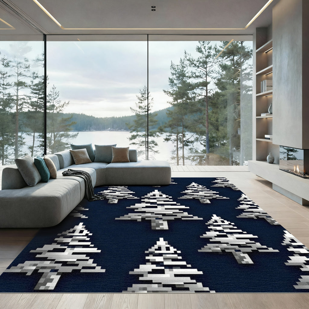Modern Pixelated Silver Evergreen Forest Rug