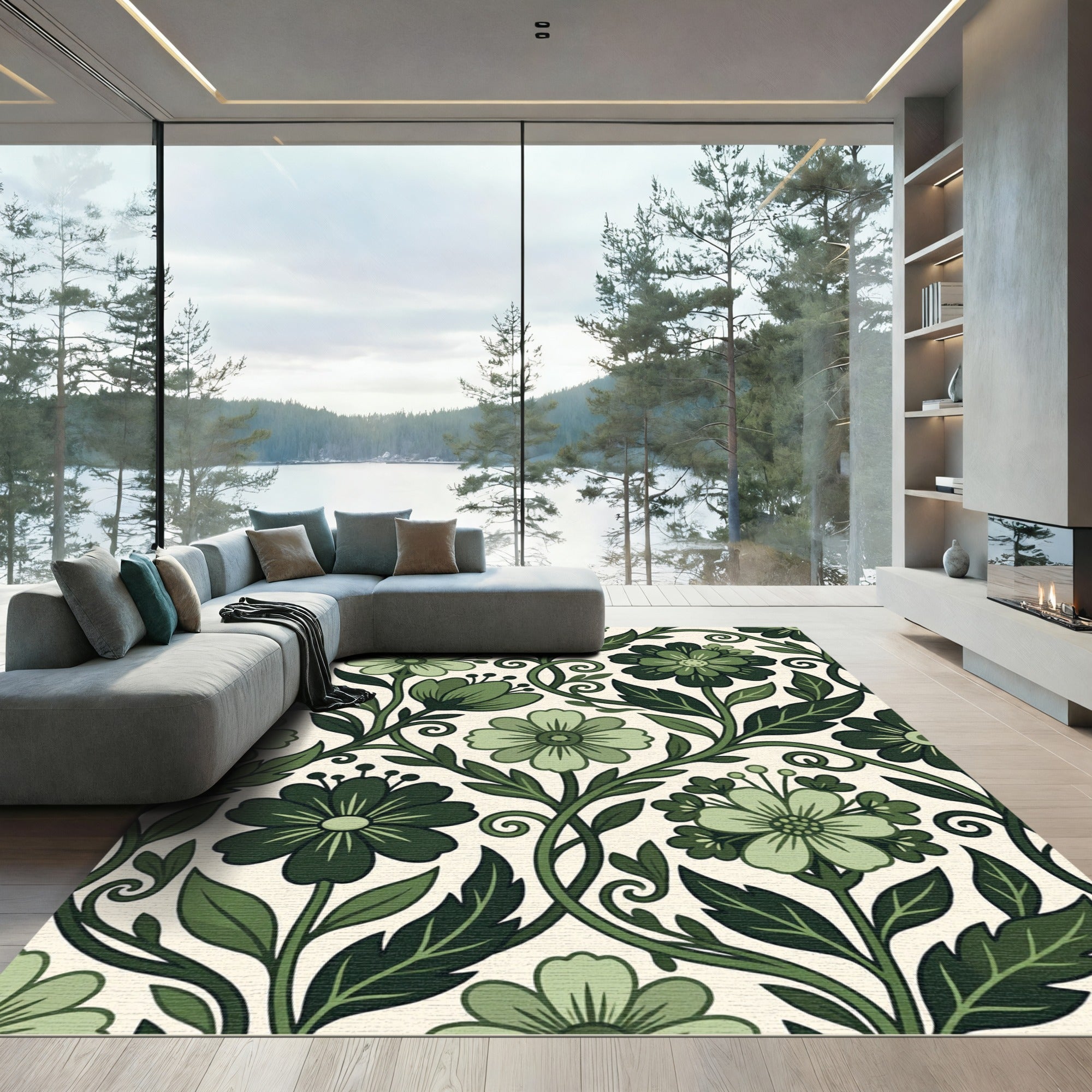 Earthy Sage Floral Botanical Scroll Rug