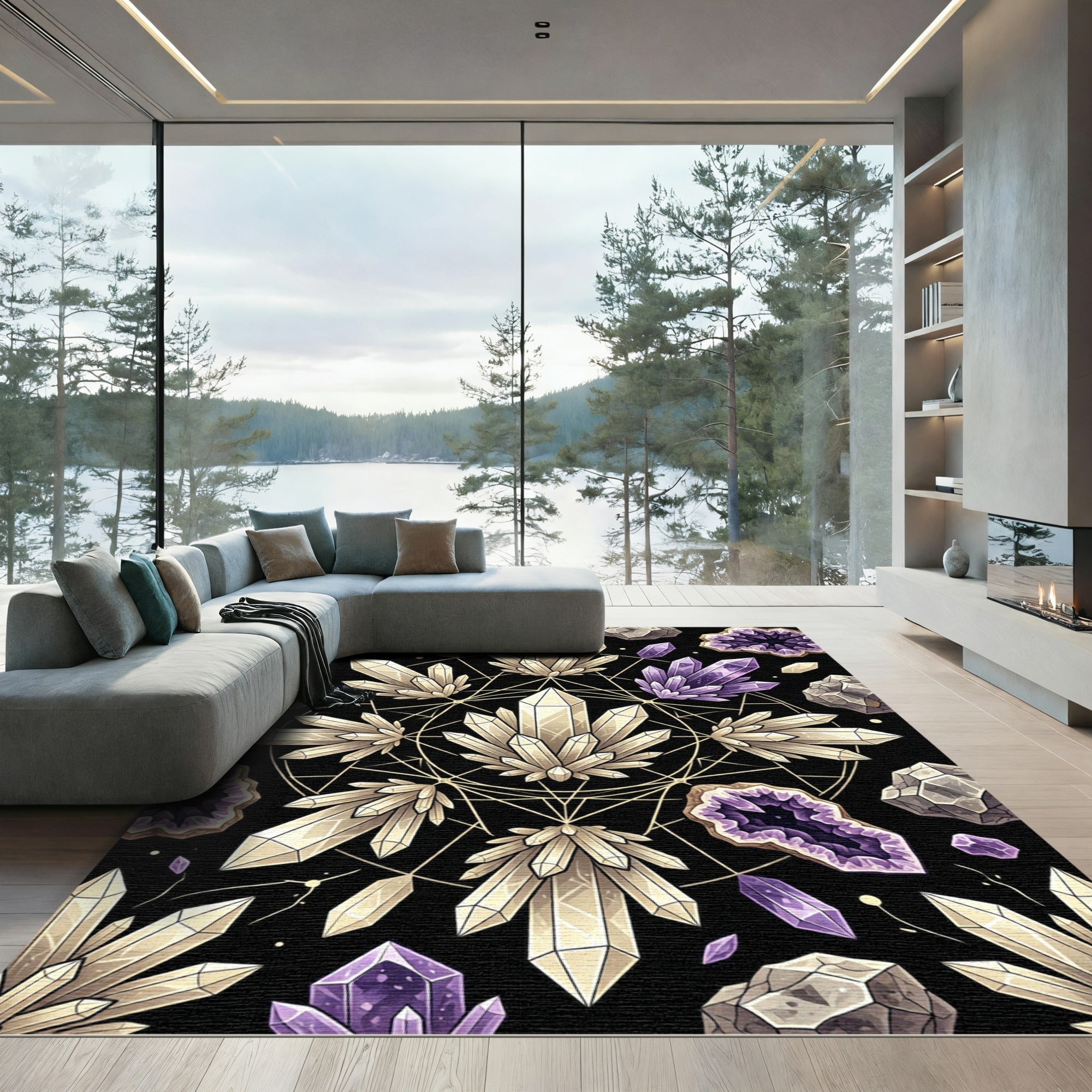 Sacred Geometry Amethyst Crystal Grid Rug