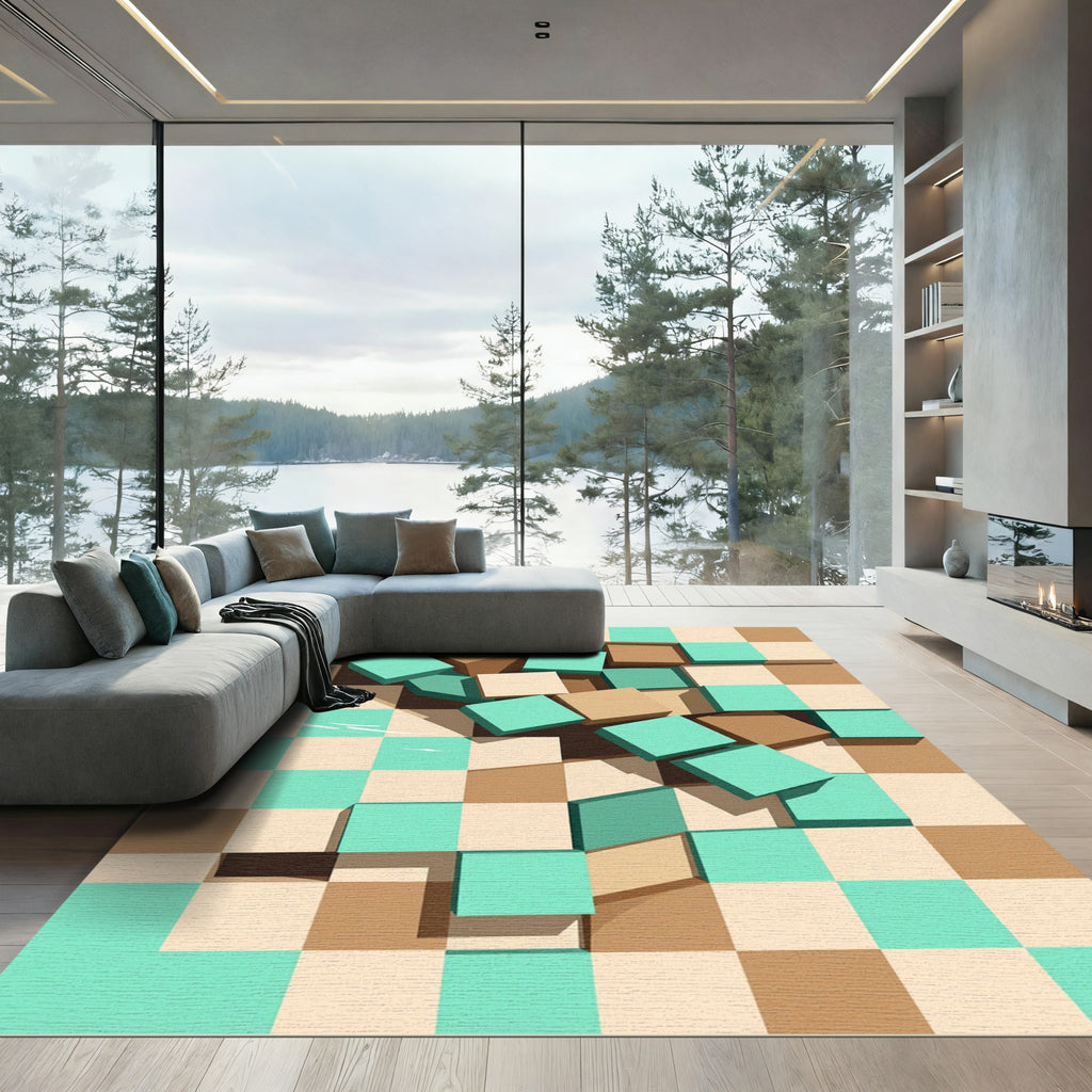 Abstract Geometric Aqua and Tan Blocks Rug