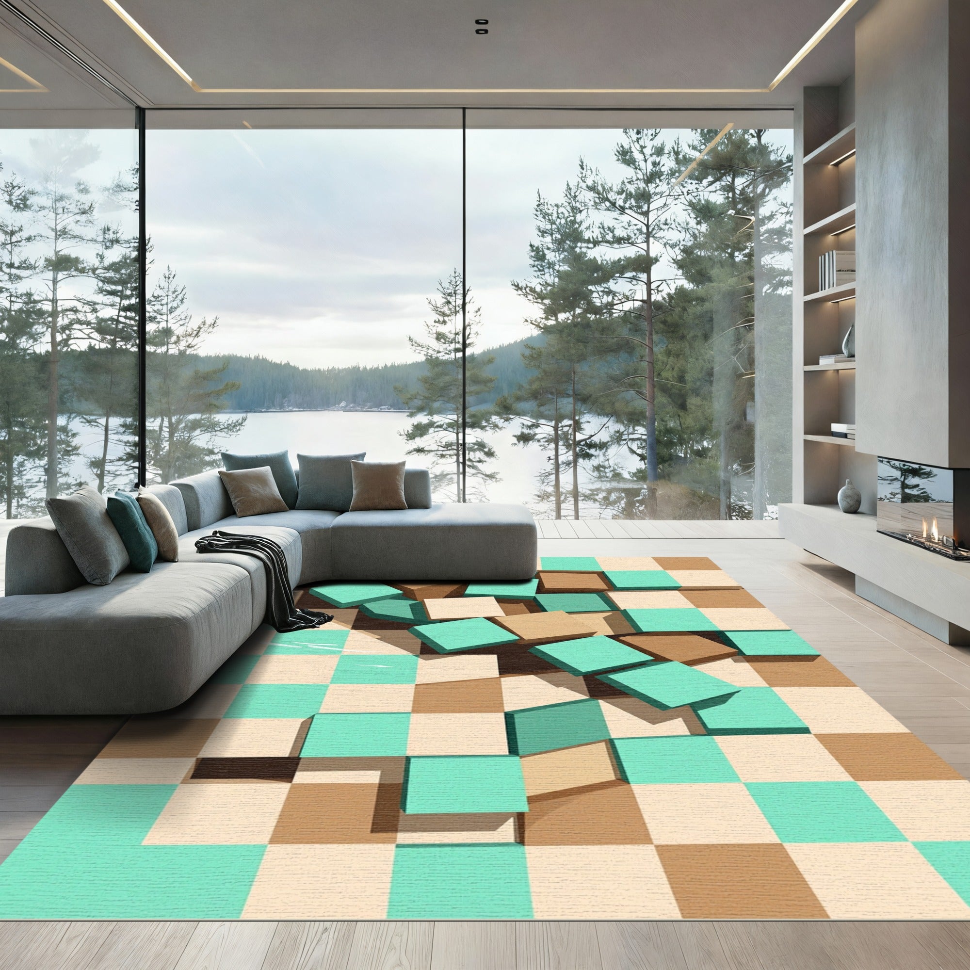 Abstract Geometric Aqua and Tan Blocks Rug