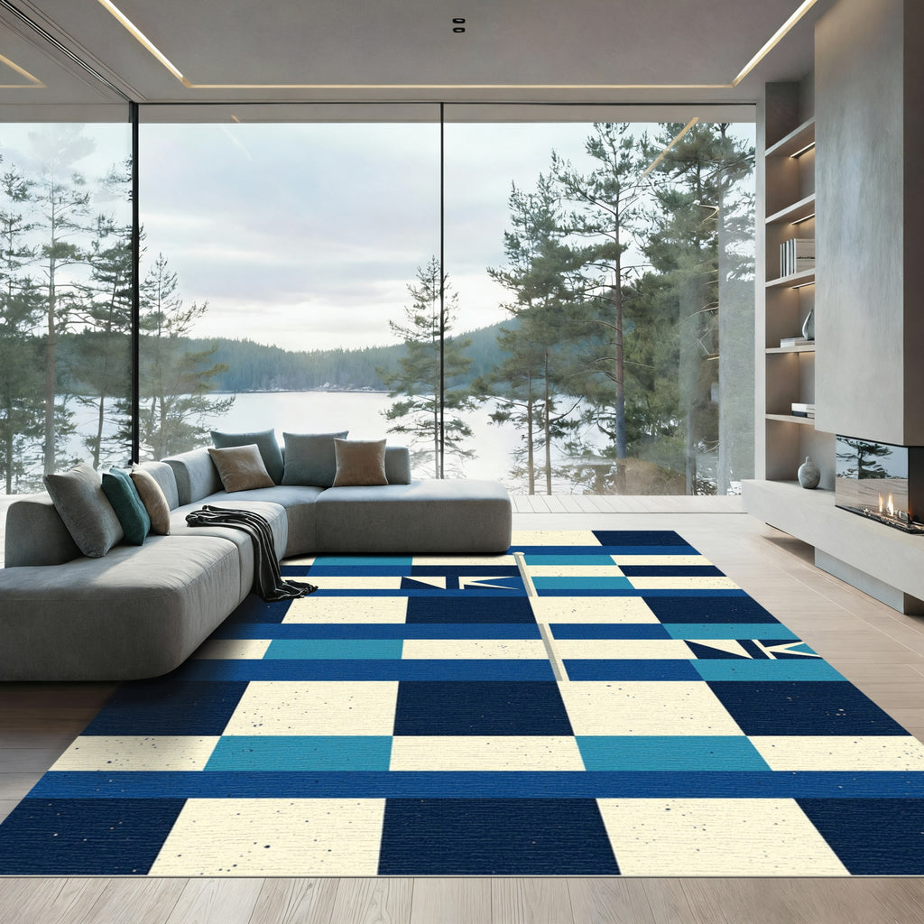 Geometric Navy Blue Cream Grid Flag Rug