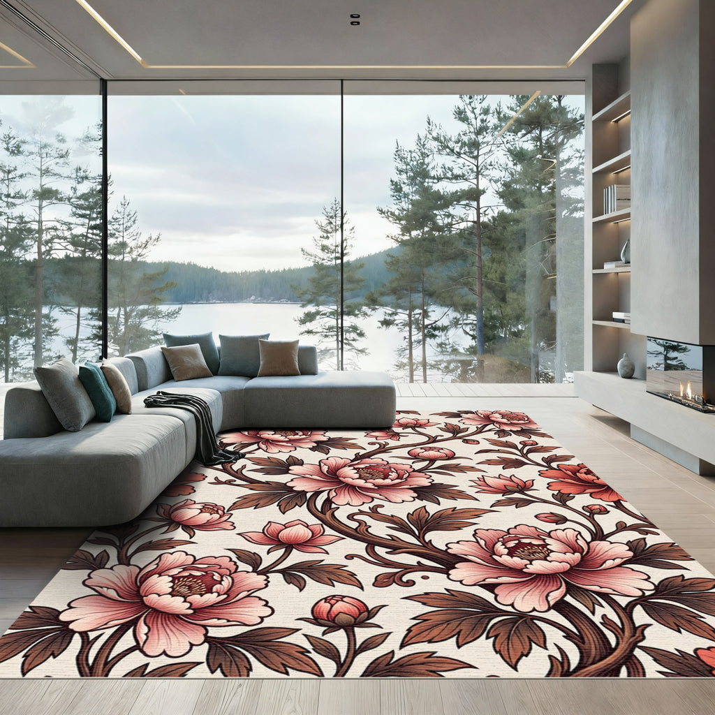 Pink Peony Blossom Vine Rug