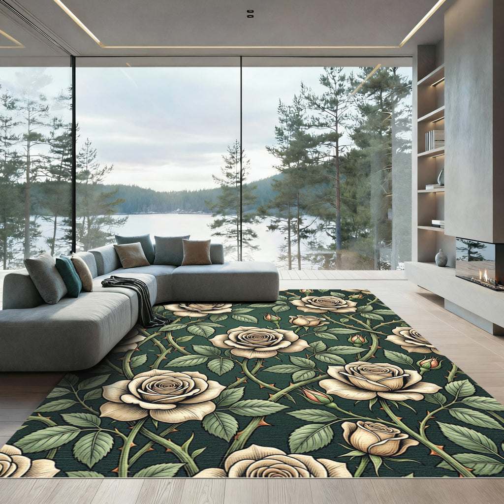Vintage Cream Rose Floral Dark Green Rug