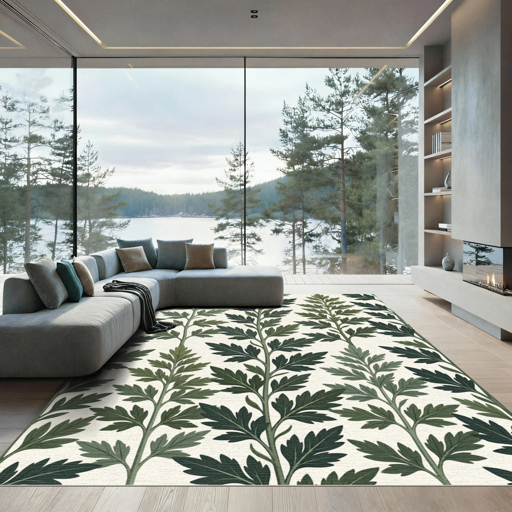 Sage Green Botanical Fern Leaf Rug
