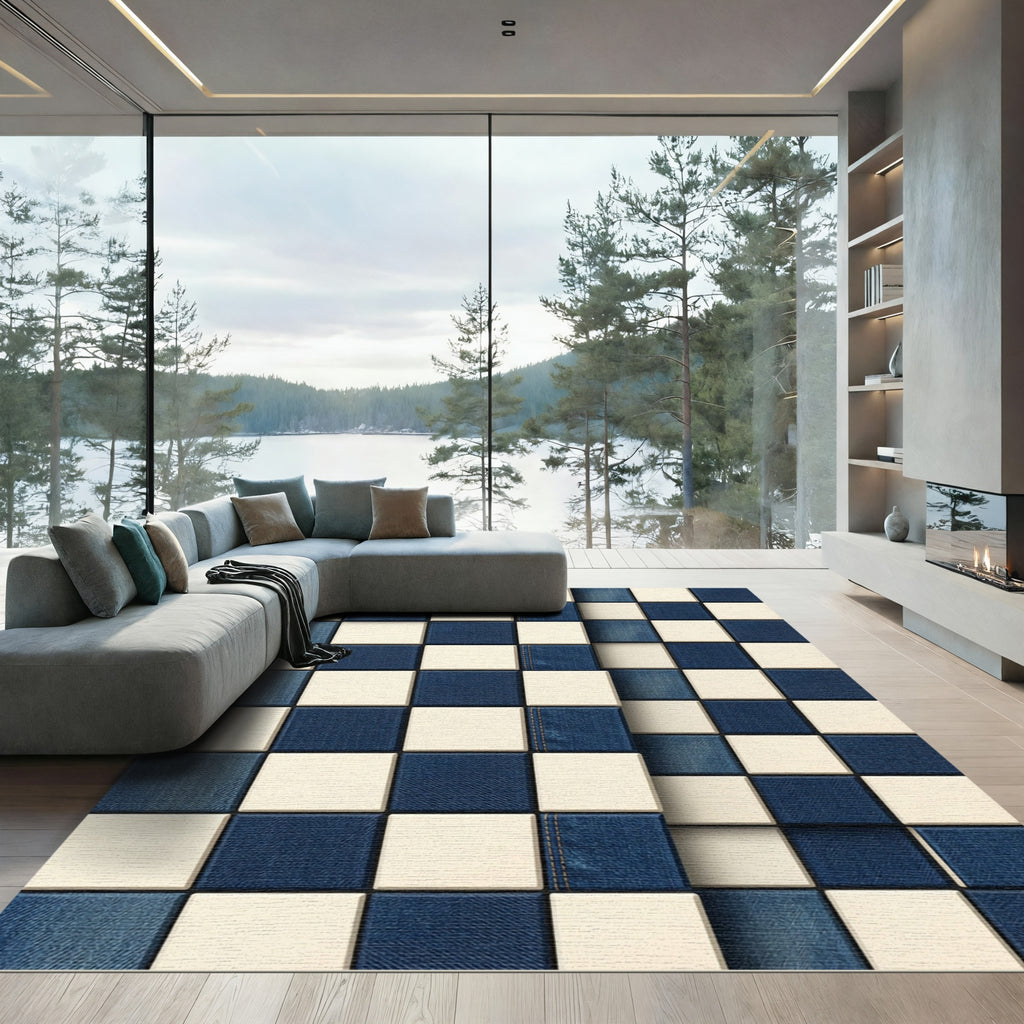 Denim Off White Square Check Rug