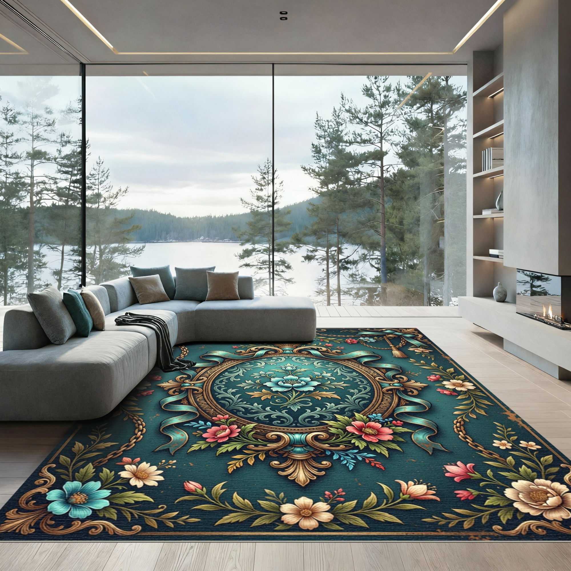 Ornate Teal Floral Rococo Medallion Rug