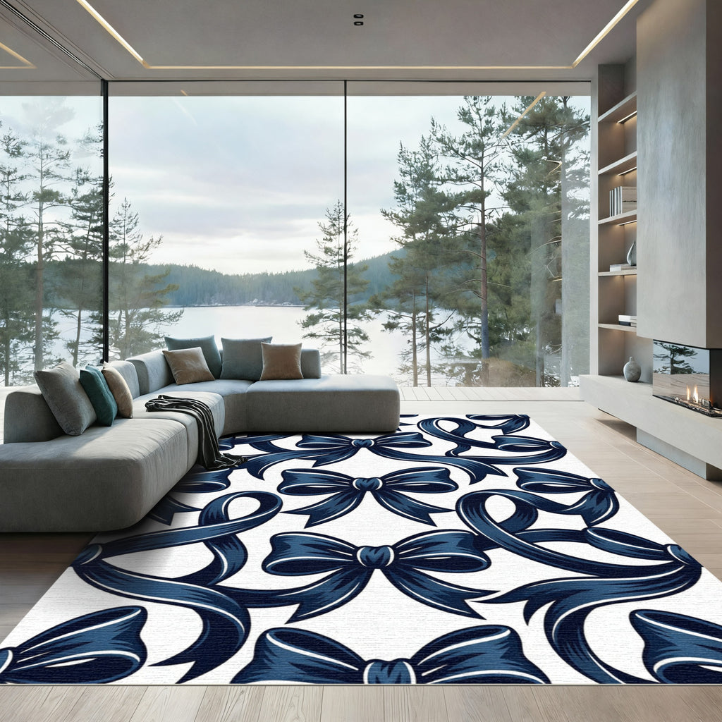 Elegant Navy Blue Bow Ribbon Repeat Rug