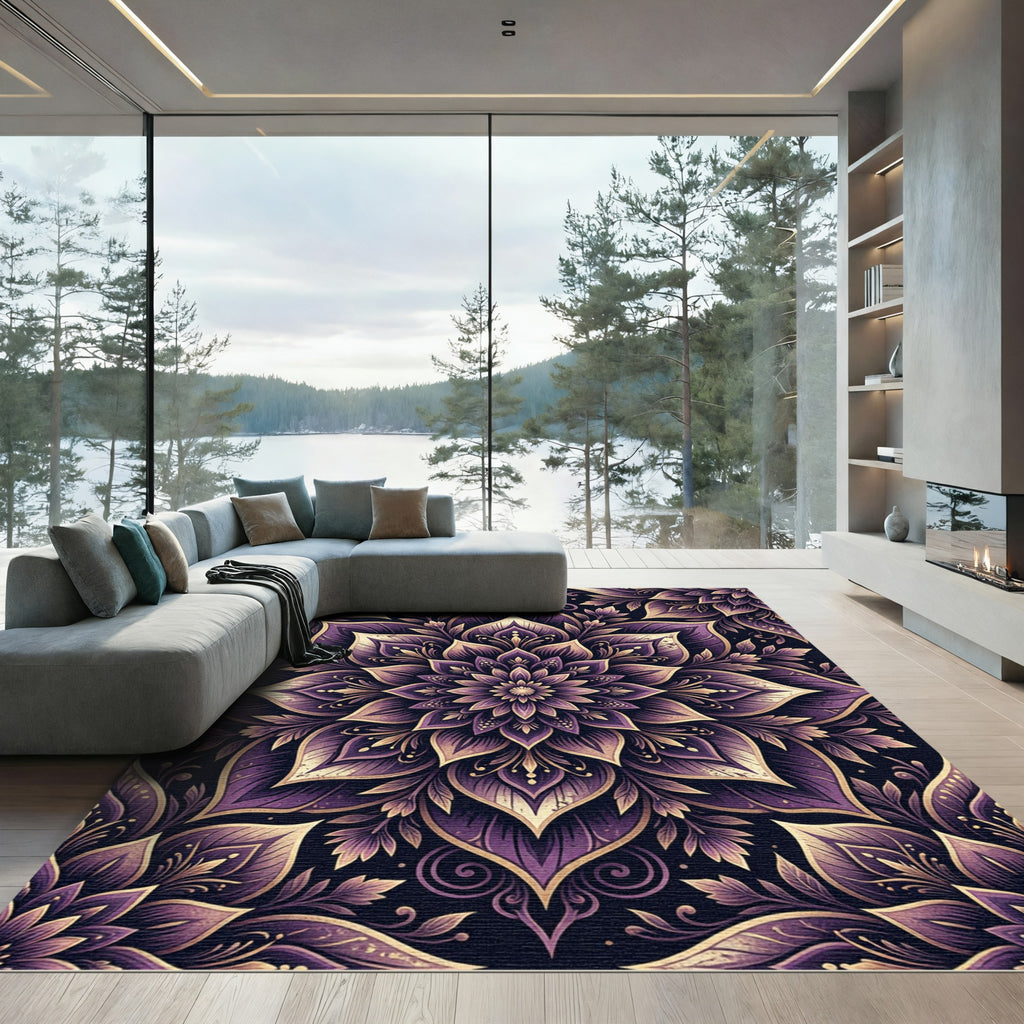 Elegant Deep Purple Floral Mandala Rug